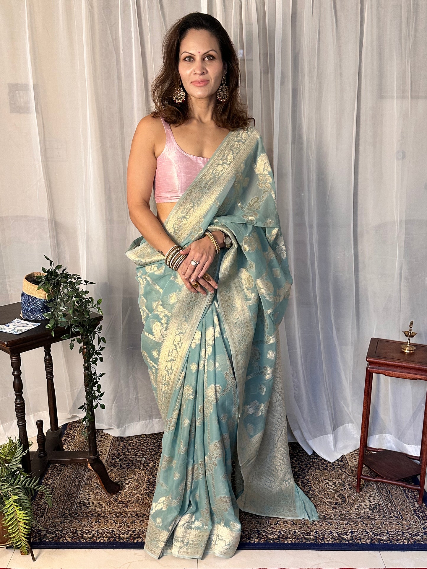 Green Pure Viscose Georgette Banarasi Sari with Gold Banarasi Work