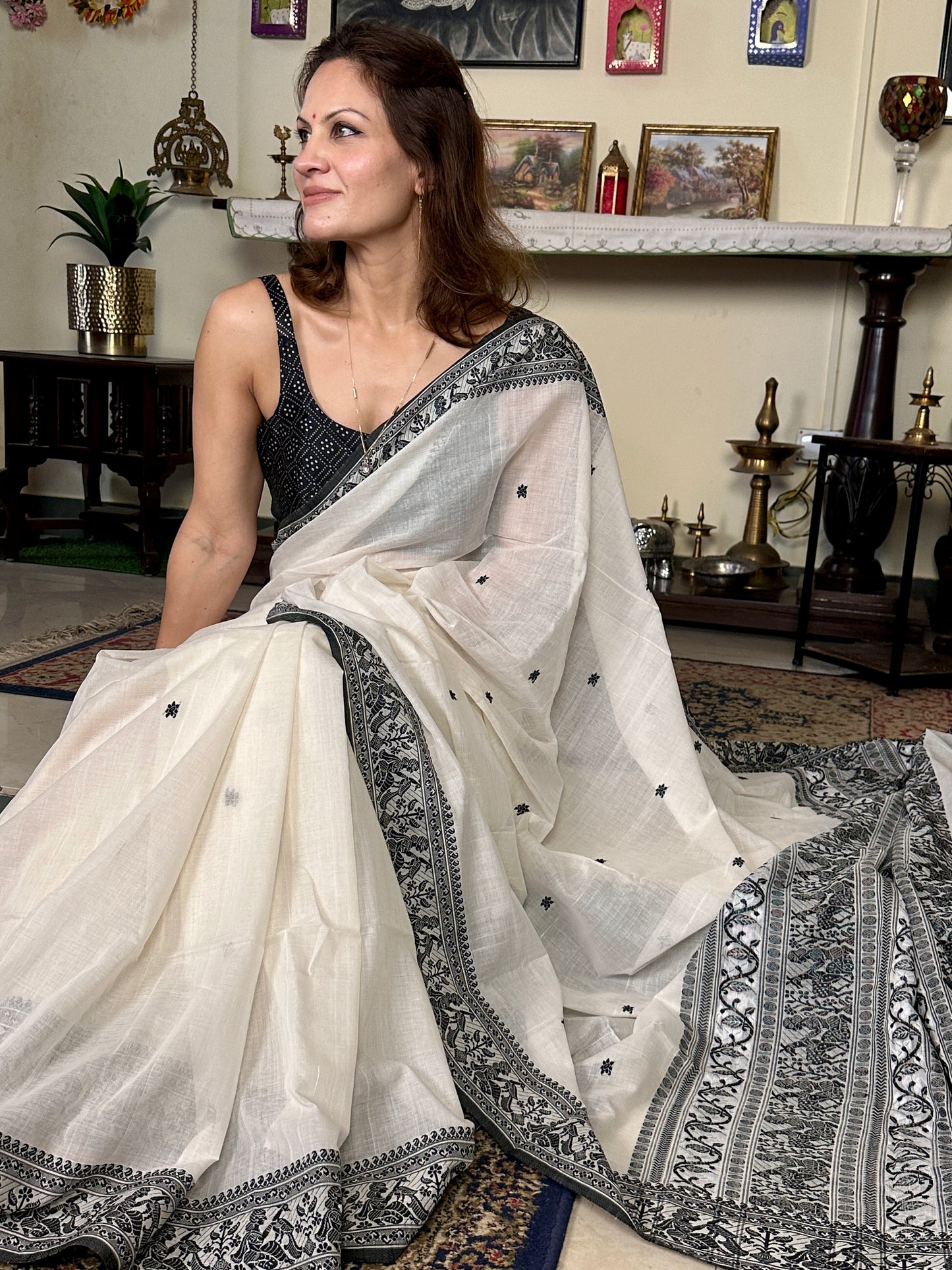 White Pure Cotton Baluchari Saree with Black Weaving