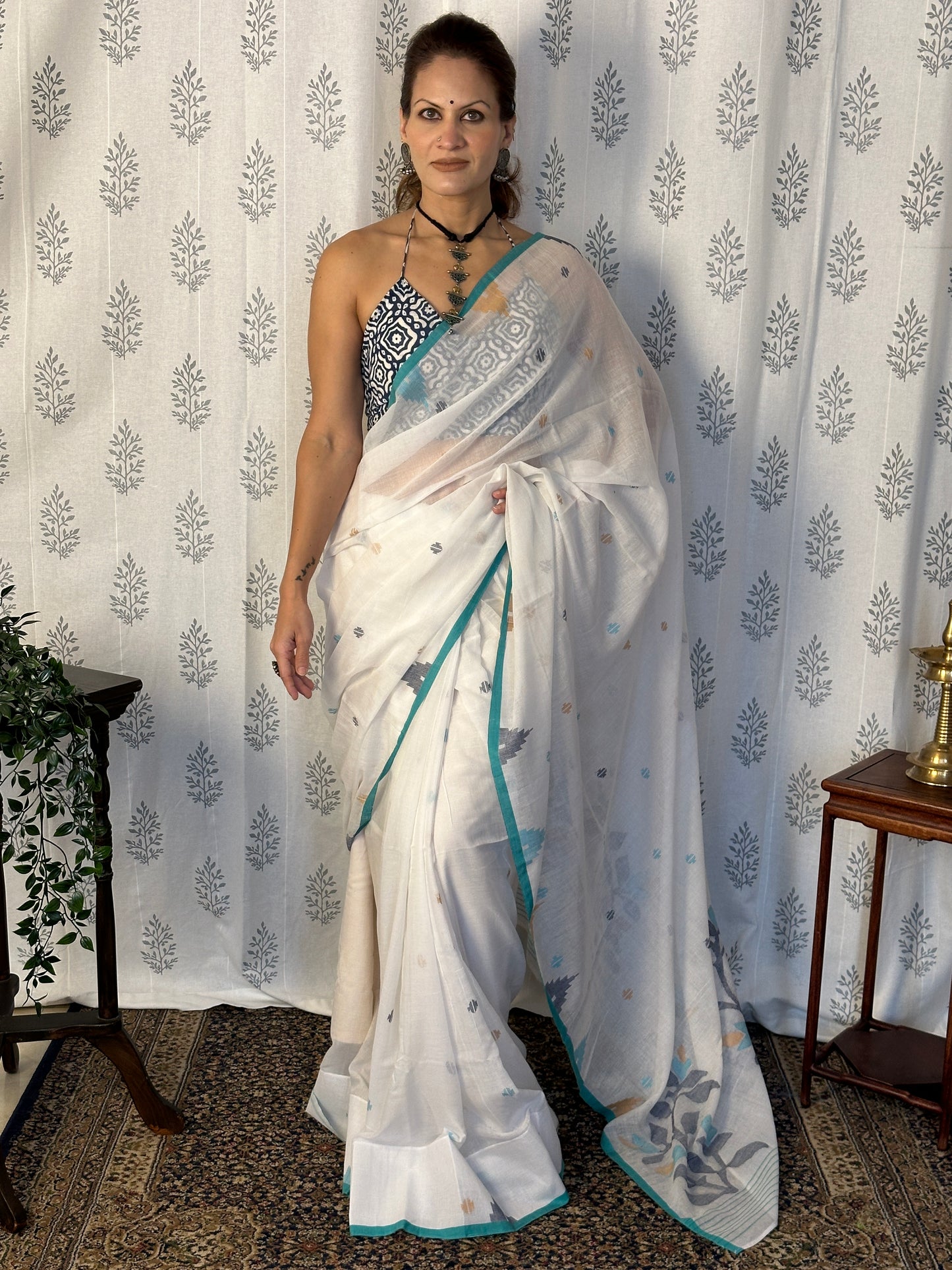 White Intricate Needle Work Jamdani Sari with Blue Border