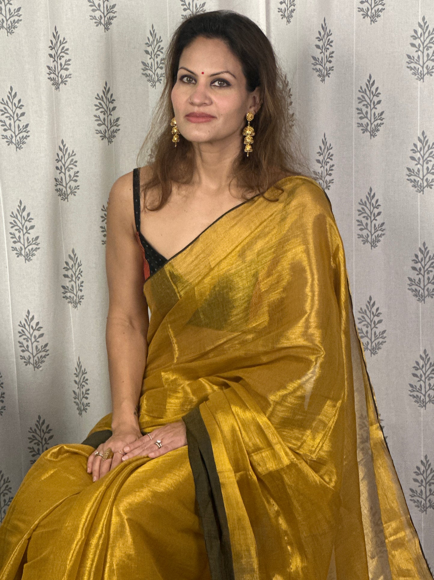 Gold Pure Mul Mul Handwoven Tissue Cotton Saree with Thick Black Border