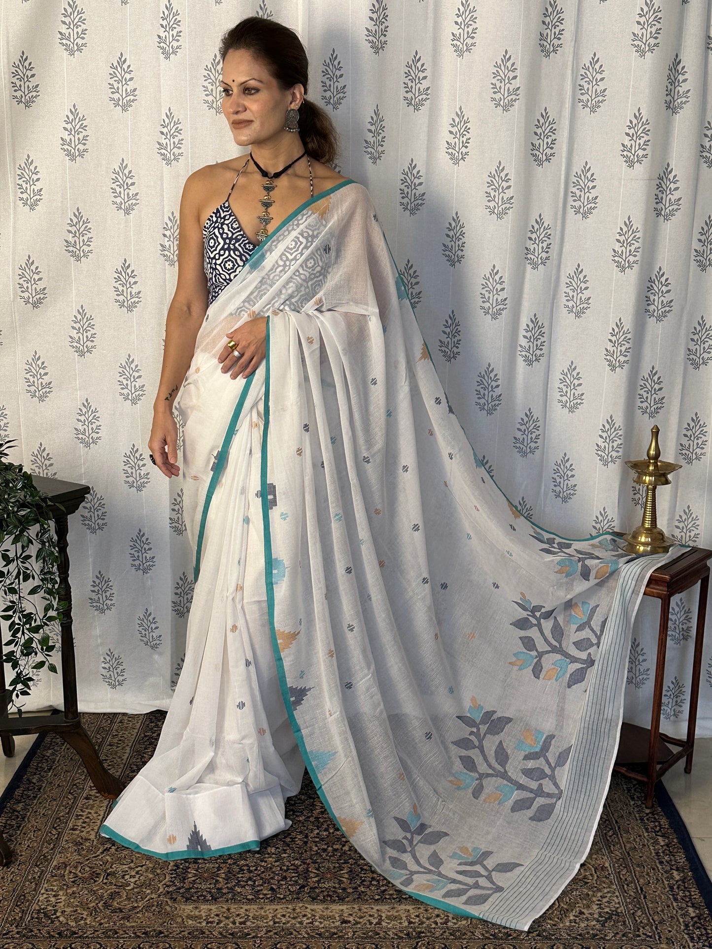 White Intricate Needle Work Jamdani Sari with Blue Border