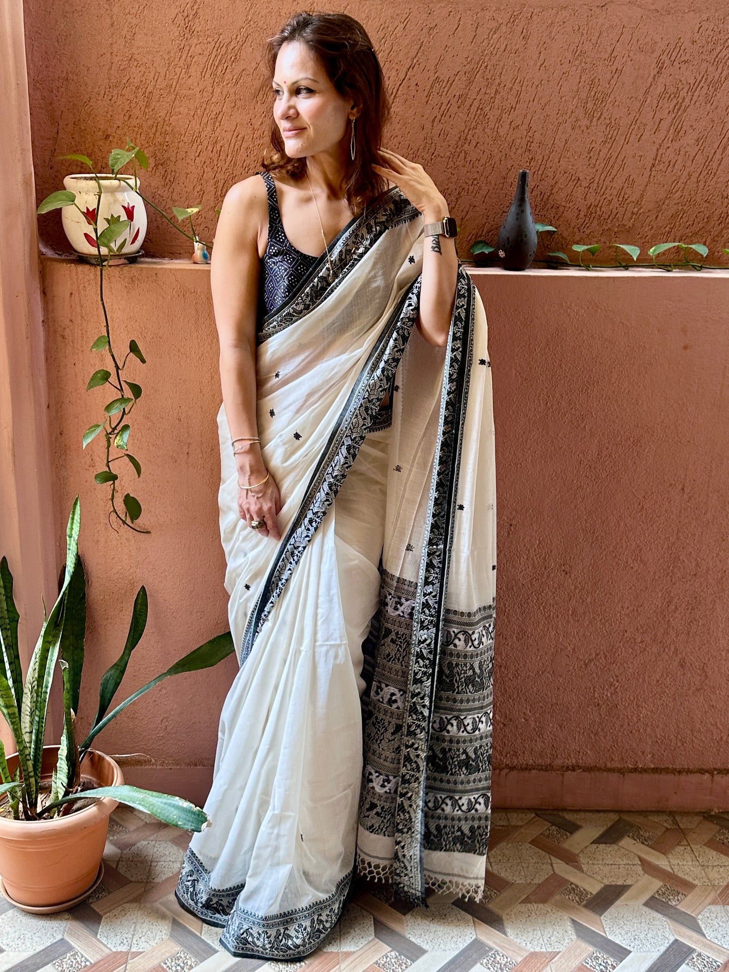 White Pure Cotton Baluchari Saree with Black Weaving