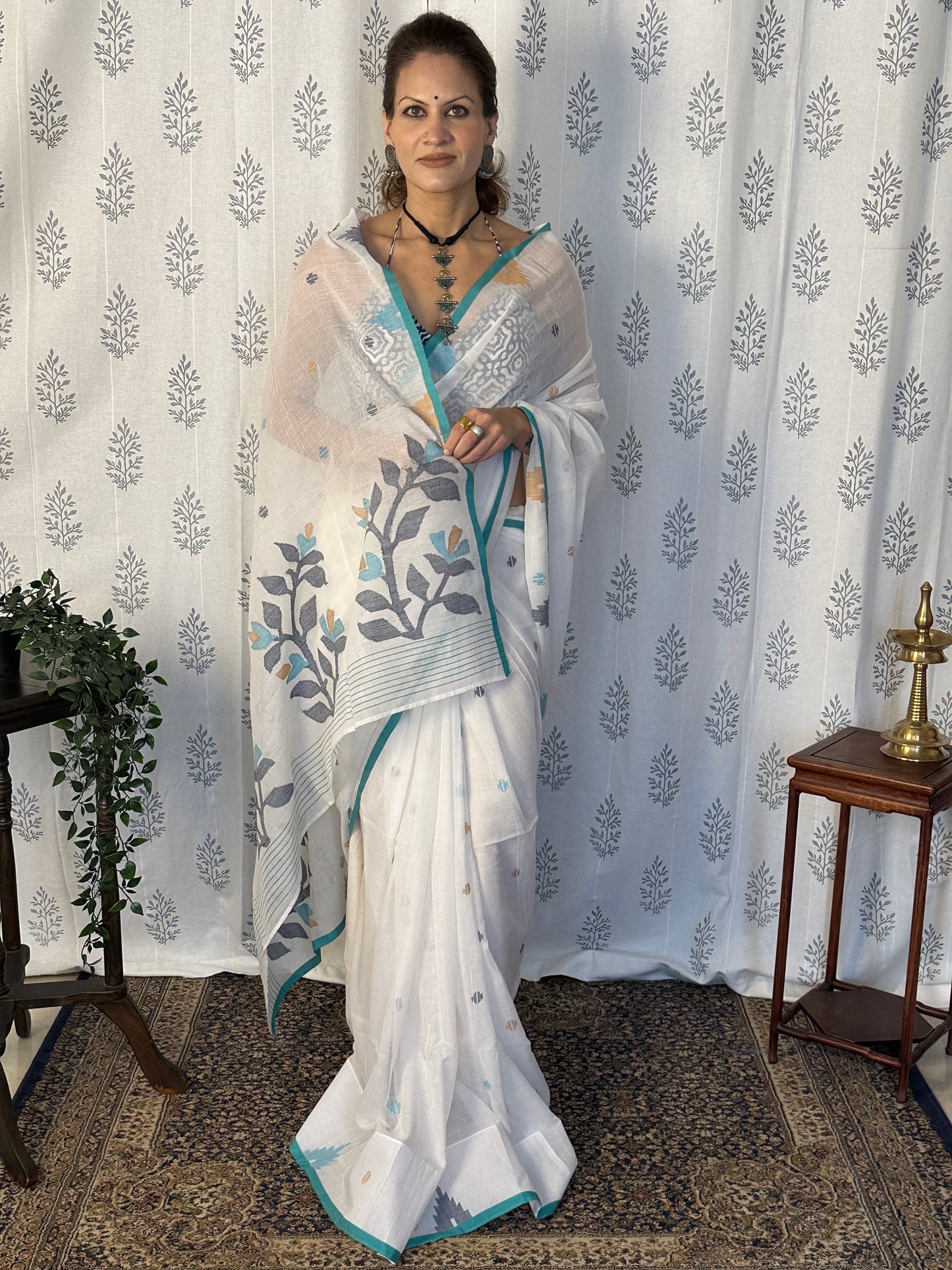 White Intricate Needle Work Jamdani Sari with Blue Border