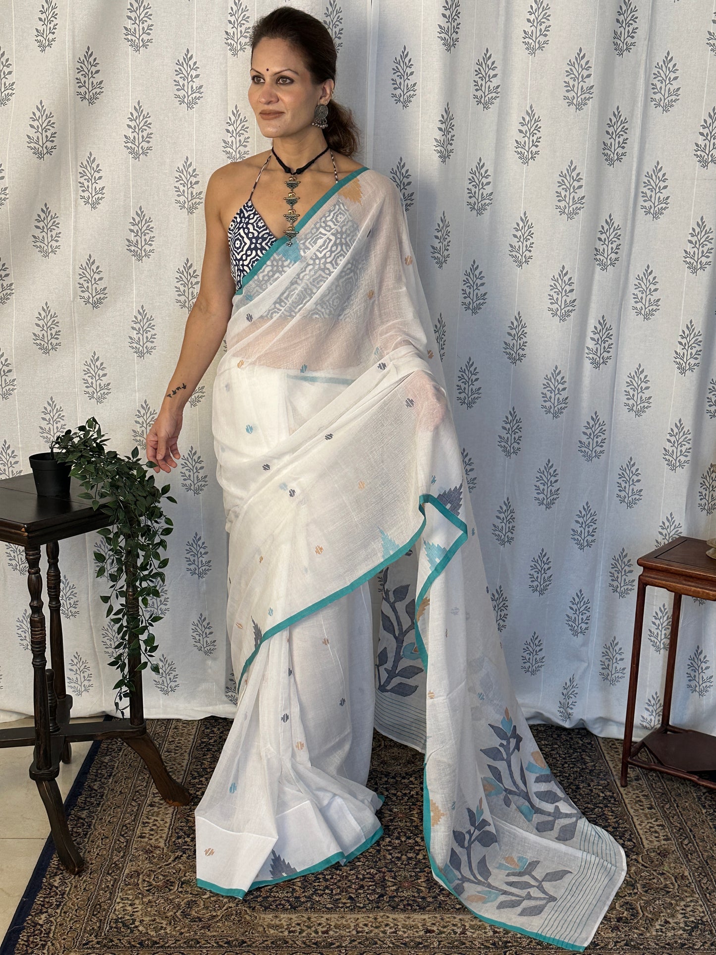 White Intricate Needle Work Jamdani Sari with Blue Border