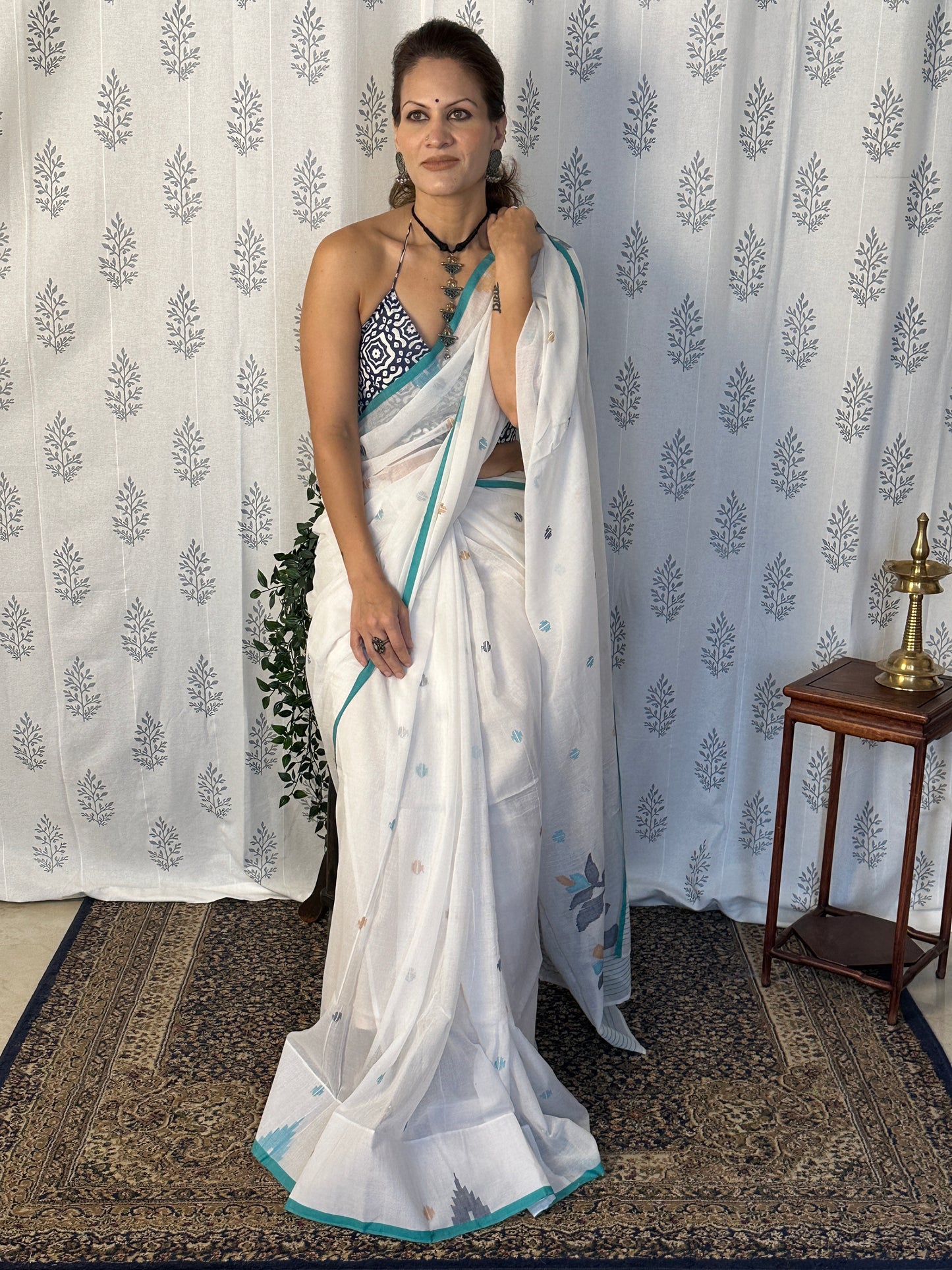 White Intricate Needle Work Jamdani Sari with Blue Border