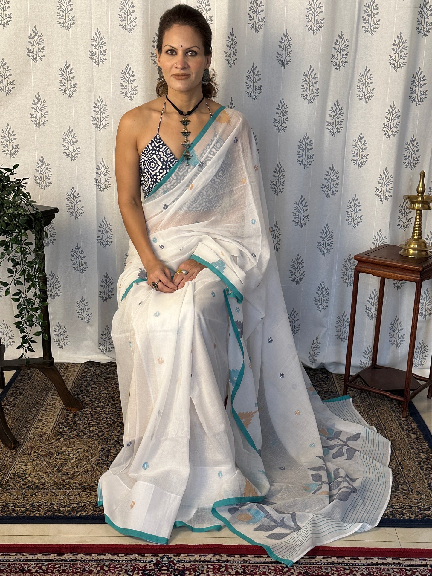 White Intricate Needle Work Jamdani Sari with Blue Border