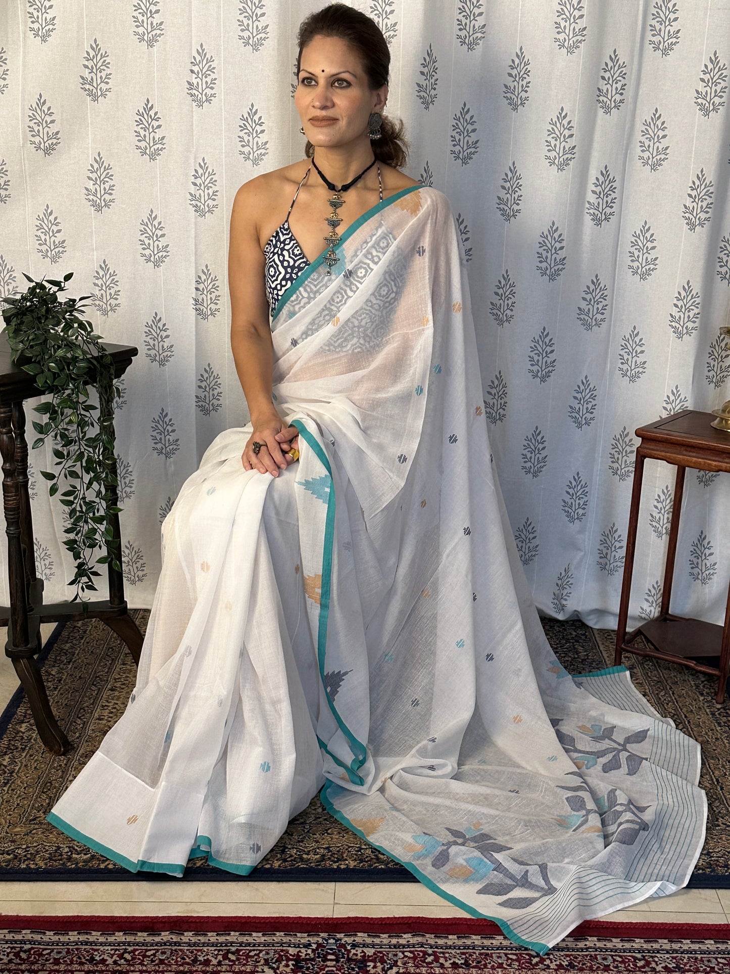 White Intricate Needle Work Jamdani Sari with Blue Border