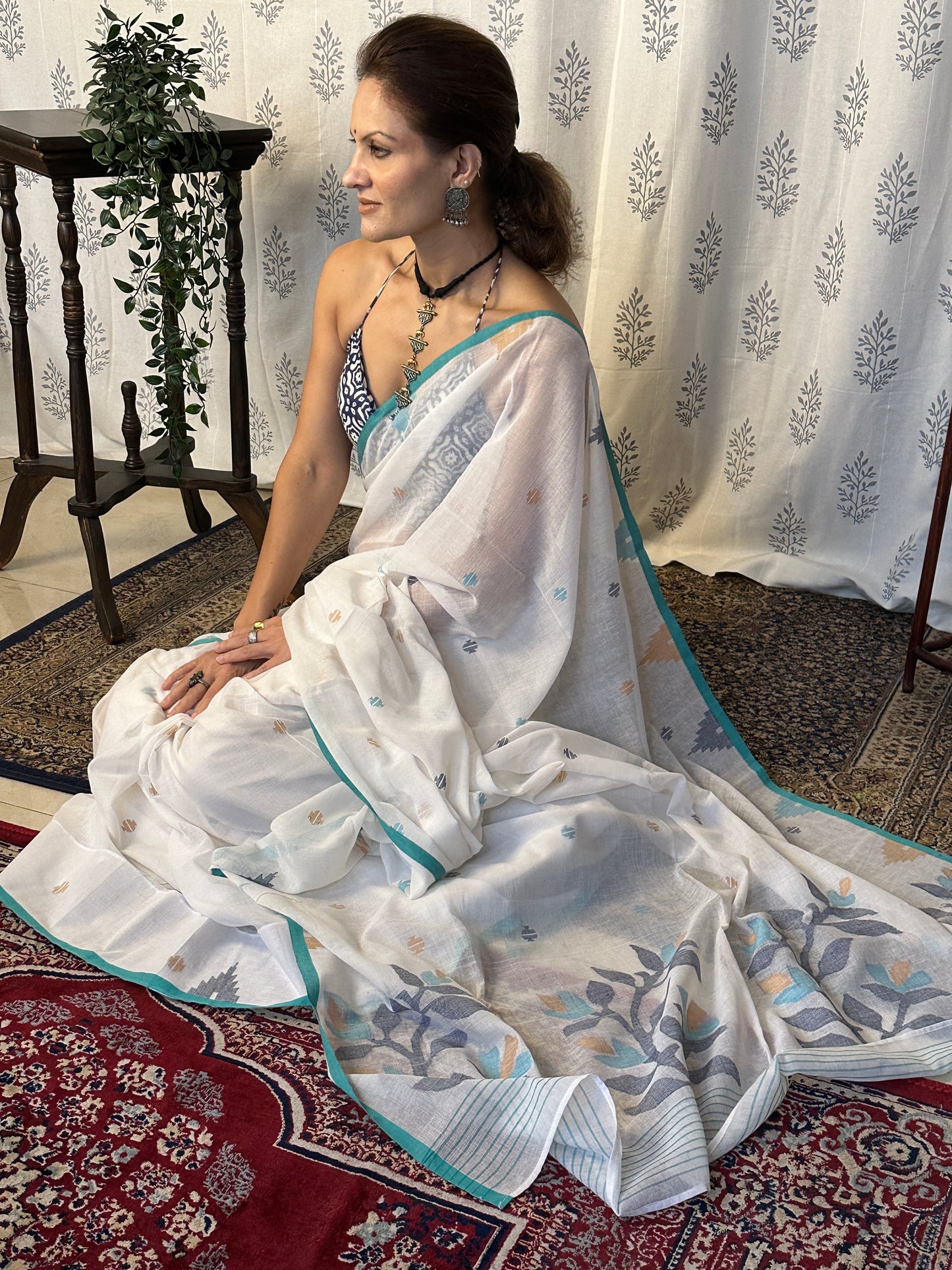 White Intricate Needle Work Jamdani Sari with Blue Border