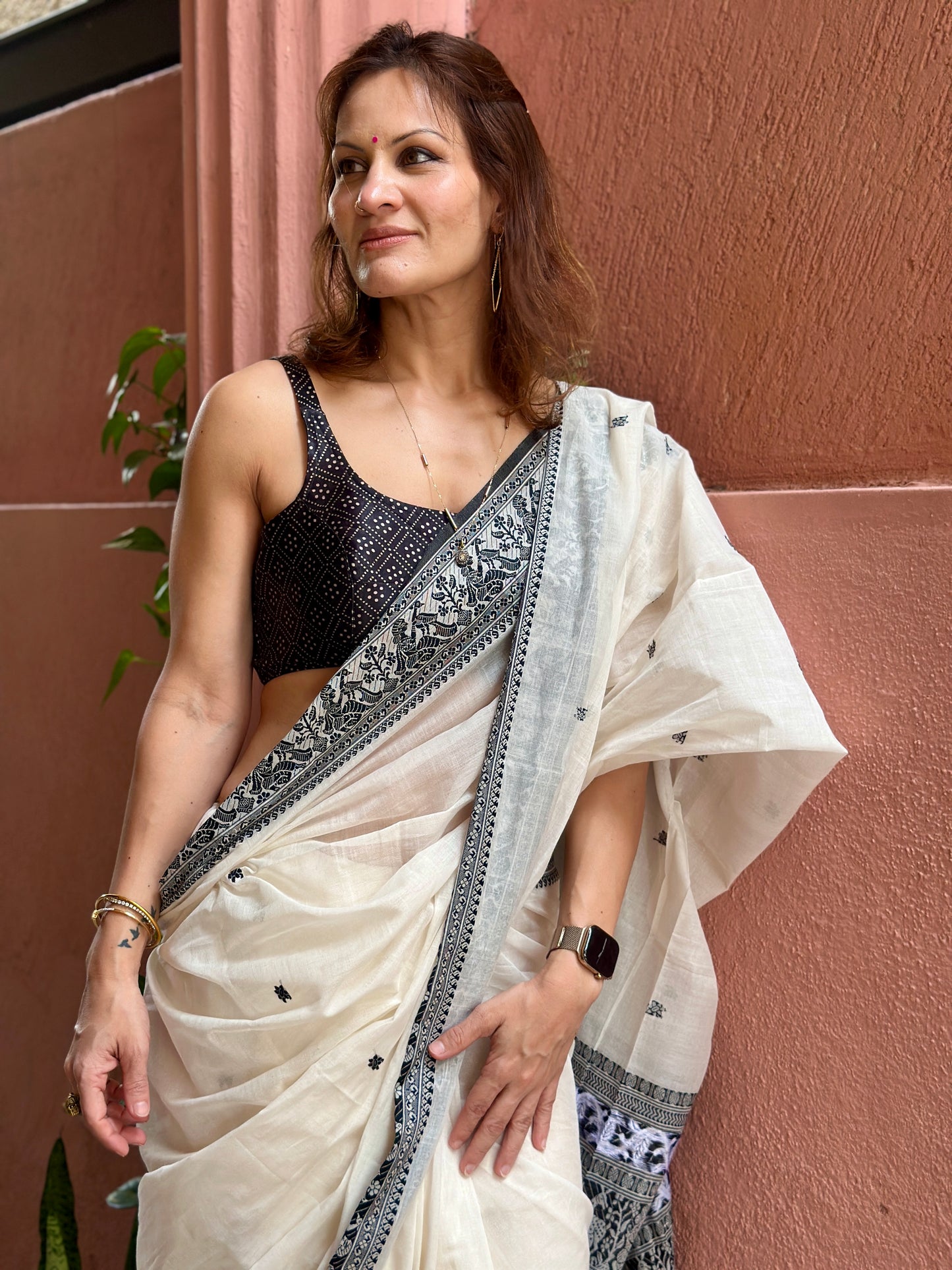 White Pure Cotton Baluchari Saree with Black Weaving
