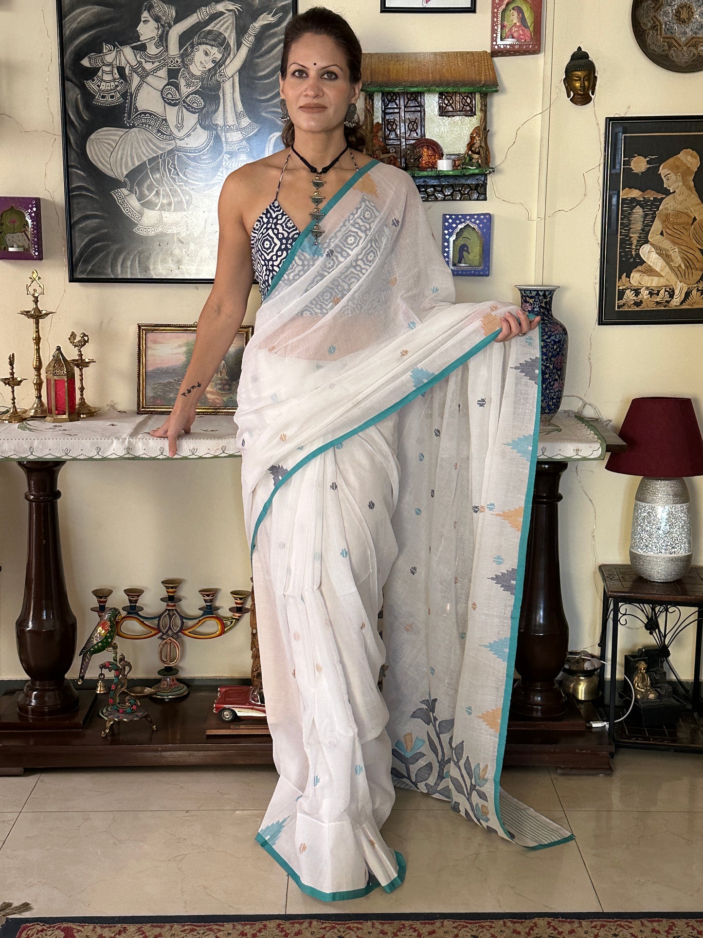 White Intricate Needle Work Jamdani Sari with Blue Border