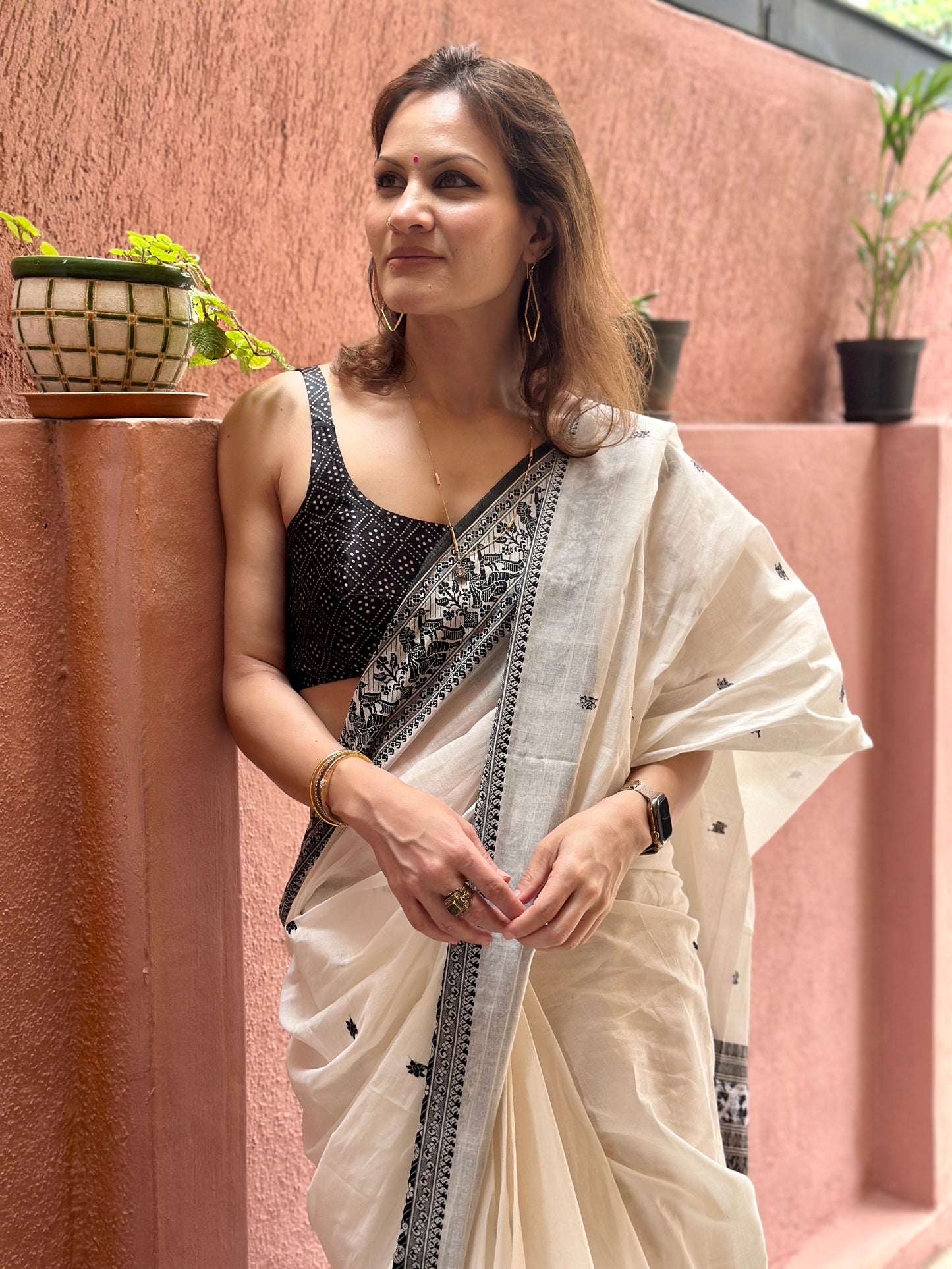 White Pure Cotton Baluchari Saree with Black Weaving