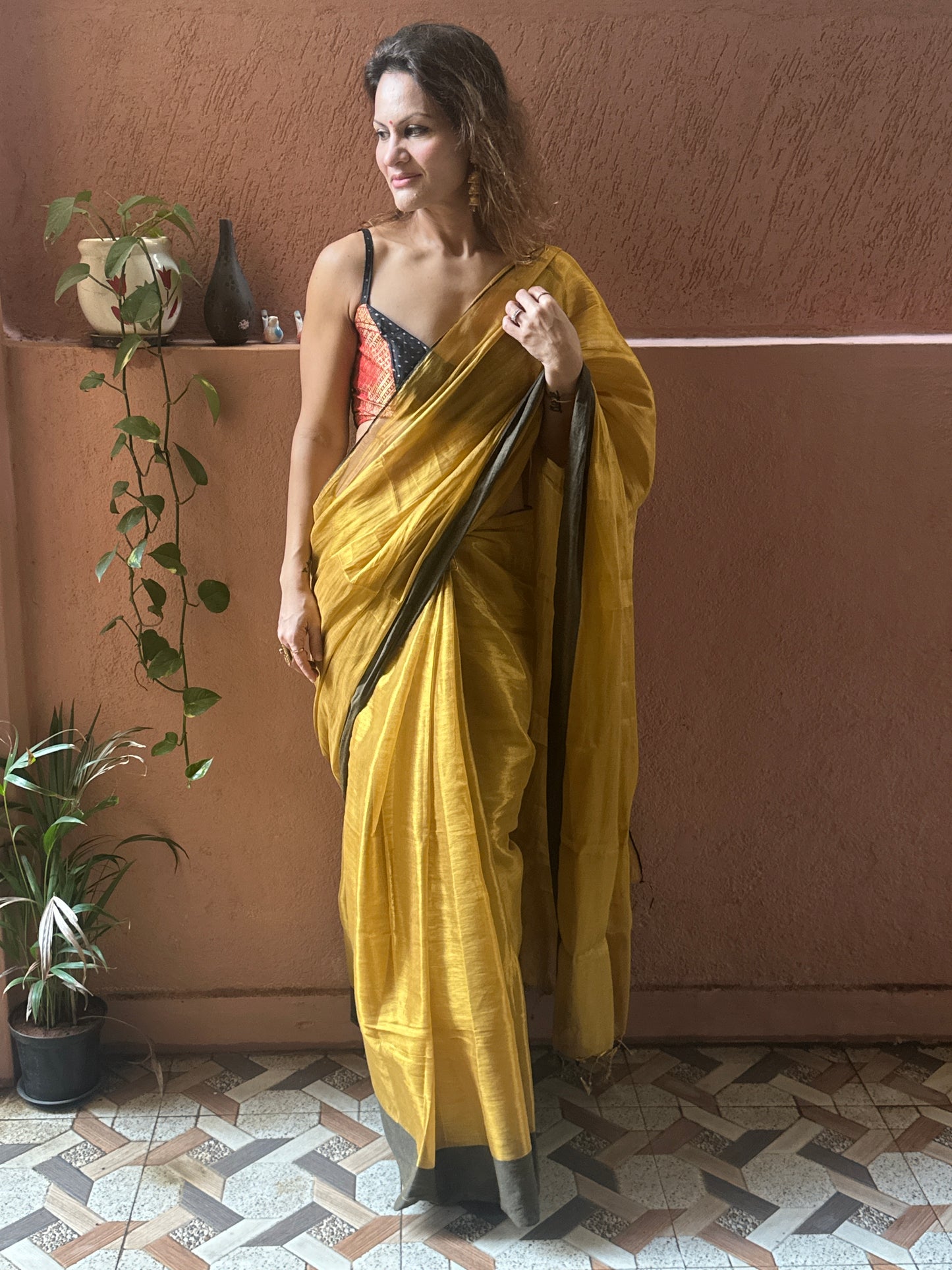 Gold Pure Mul Mul Handwoven Tissue Cotton Saree with Thick Black Border