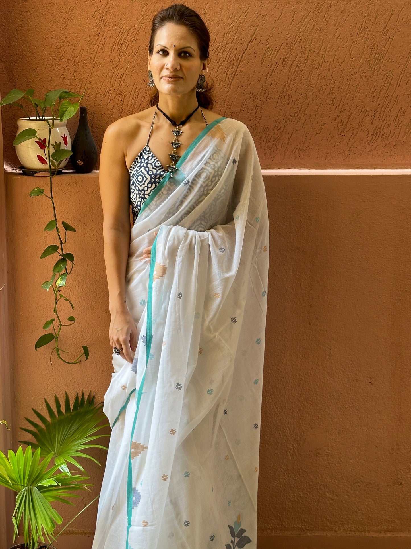 White Intricate Needle Work Jamdani Sari with Blue Border