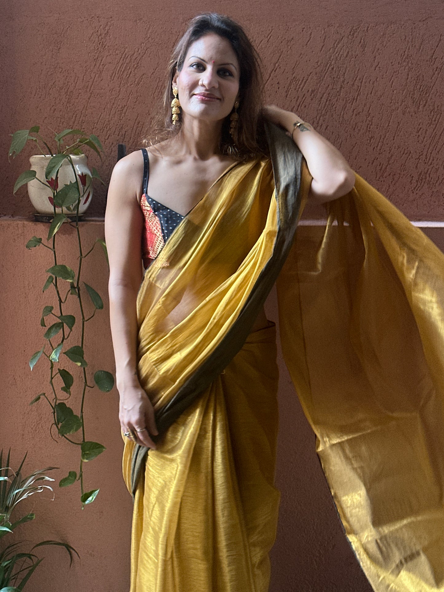 Gold Pure Mul Mul Handwoven Tissue Cotton Saree with Thick Black Border