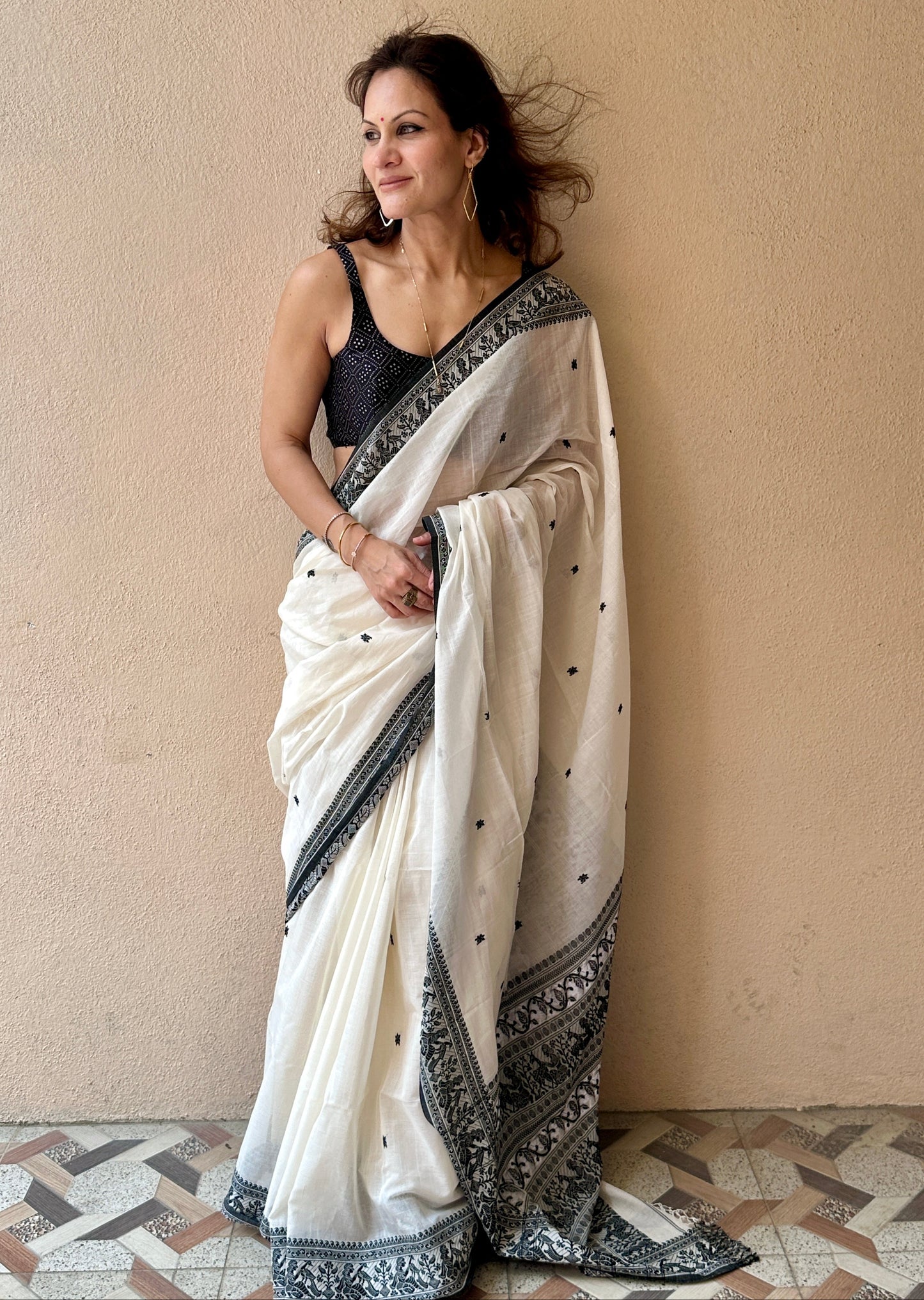 White Pure Cotton Baluchari Saree with Black Weaving