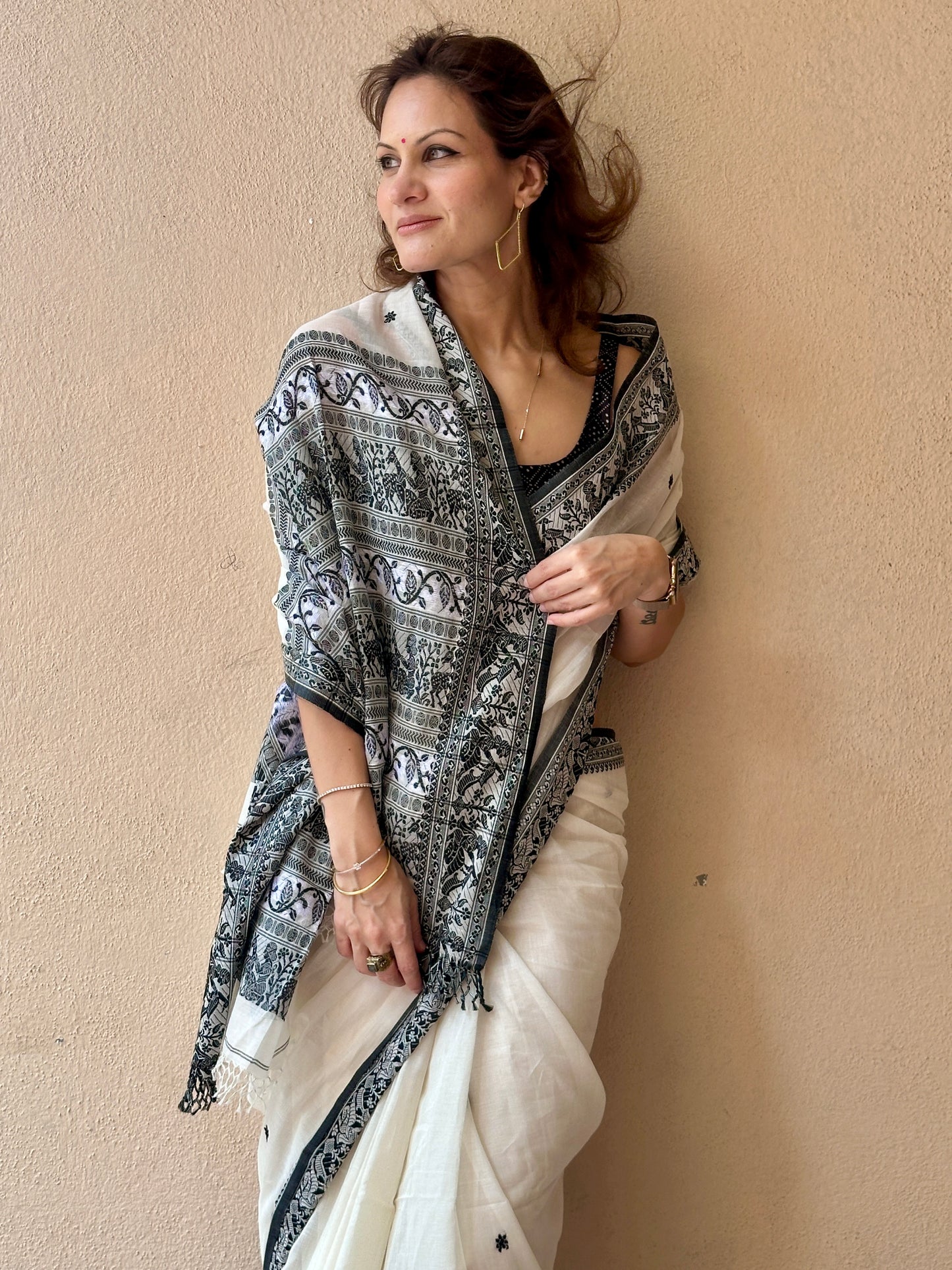 White Pure Cotton Baluchari Saree with Black Weaving