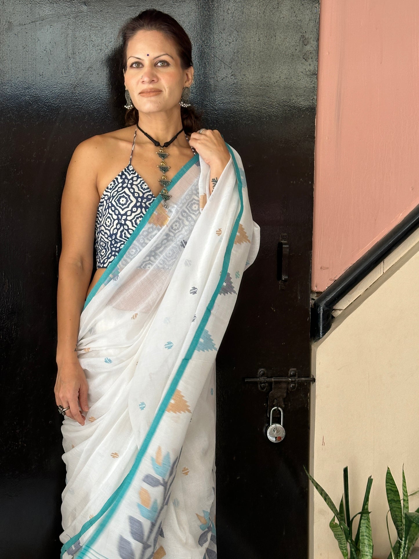 White Intricate Needle Work Jamdani Sari with Blue Border