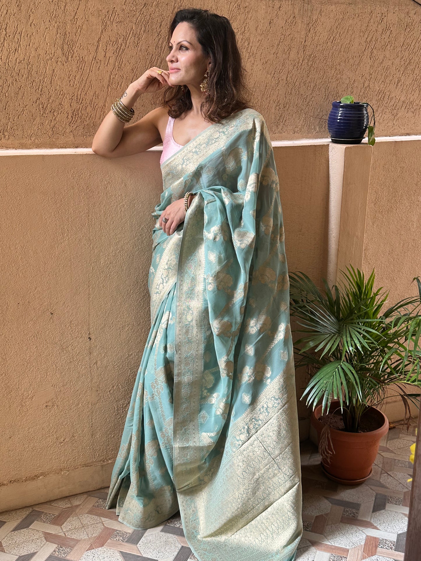 Green Pure Viscose Georgette Banarasi Sari with Gold Banarasi Work