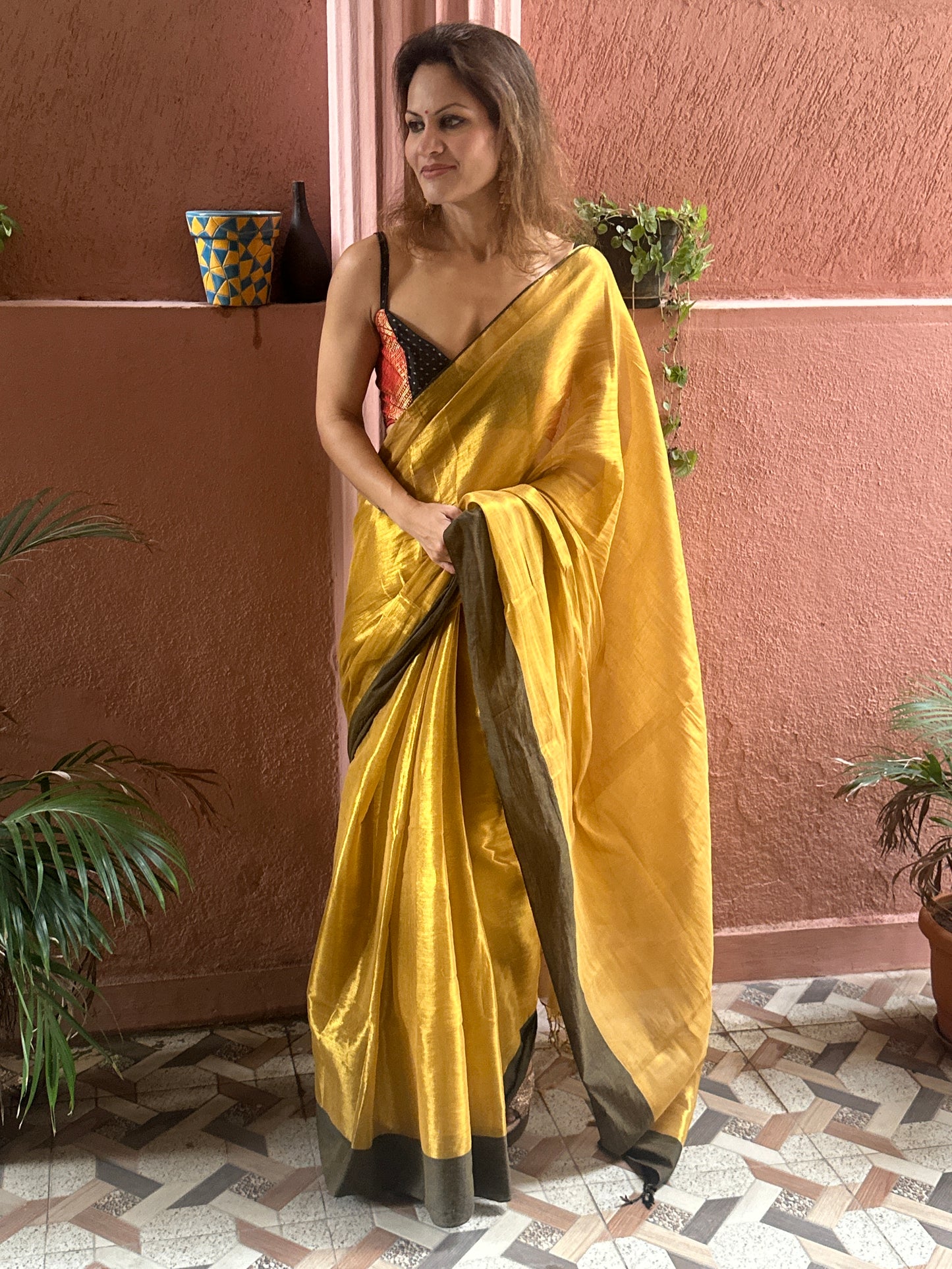 Gold Pure Mul Mul Handwoven Tissue Cotton Saree with Thick Black Border