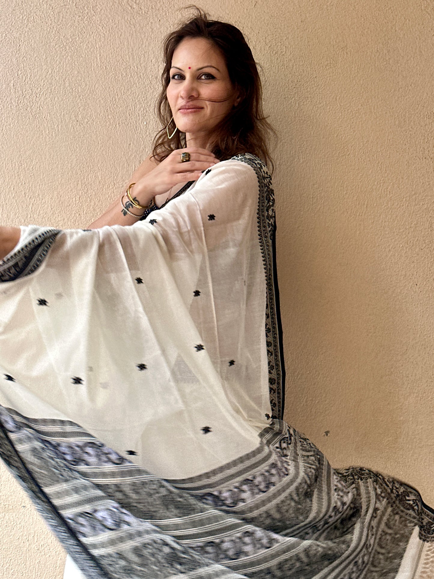 White Pure Cotton Baluchari Saree with Black Weaving