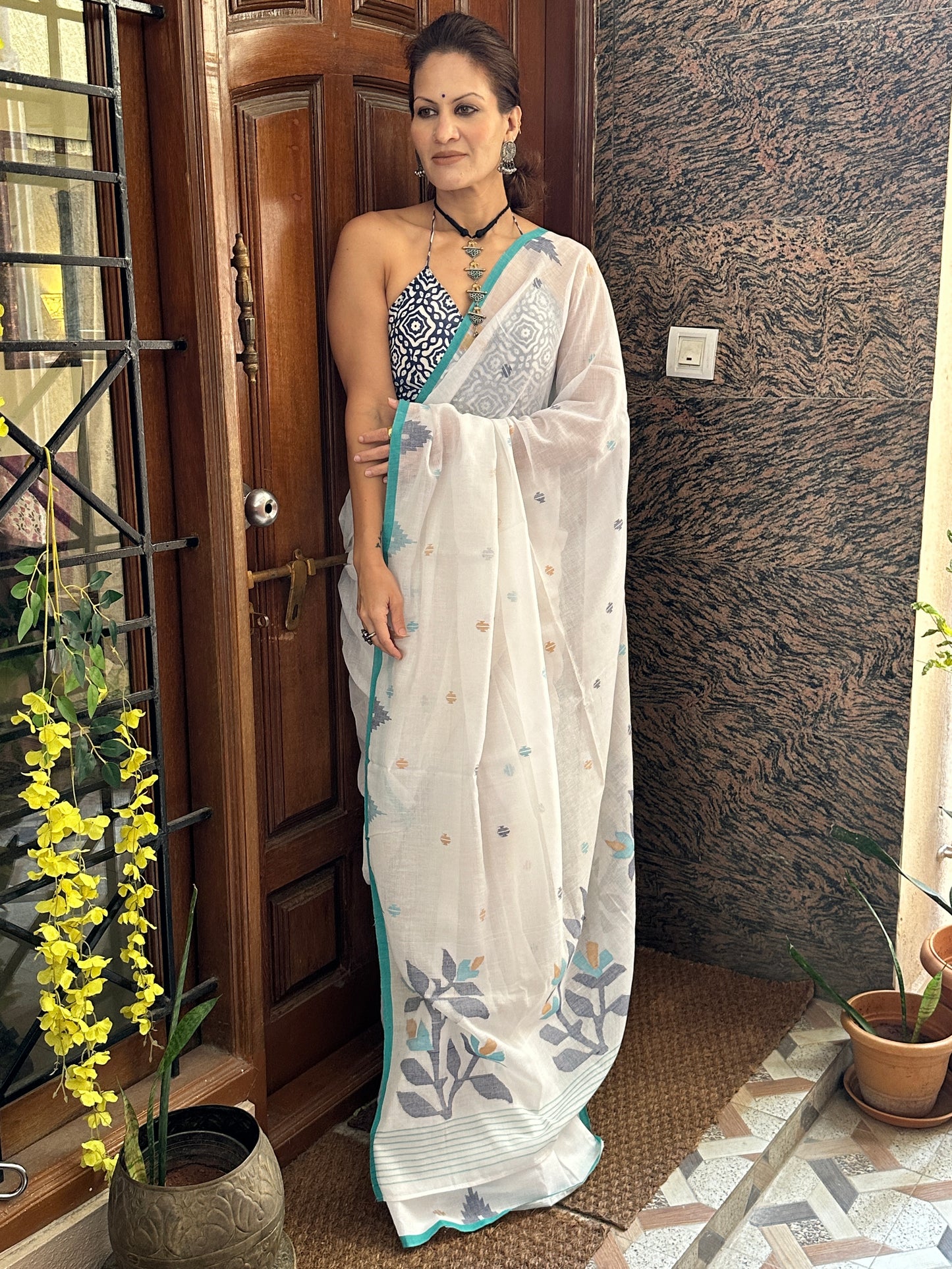 White Intricate Needle Work Jamdani Sari with Blue Border