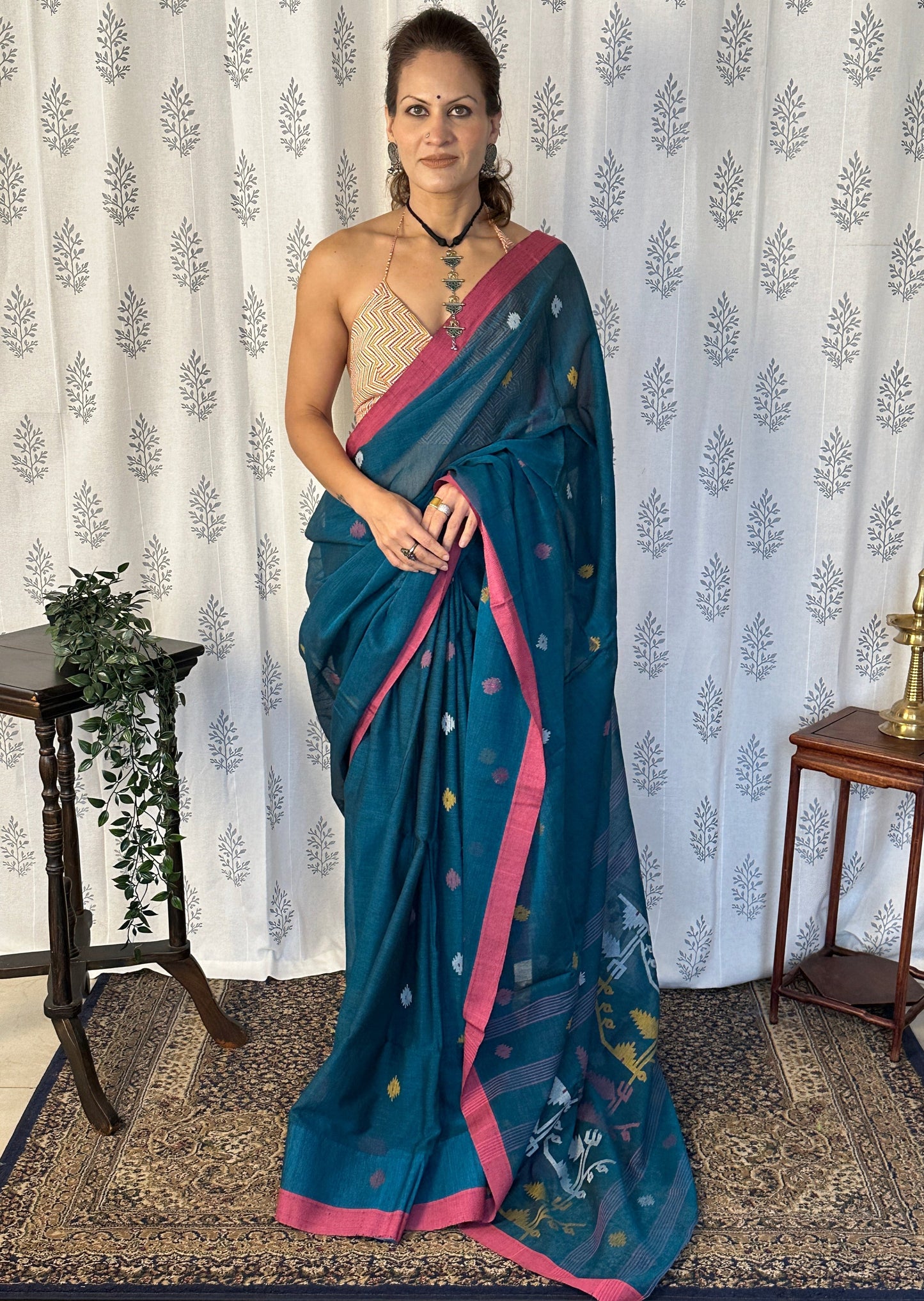 Blue Hand Spun Cotton Jamdani Sari with Intricate Needle Work & Border