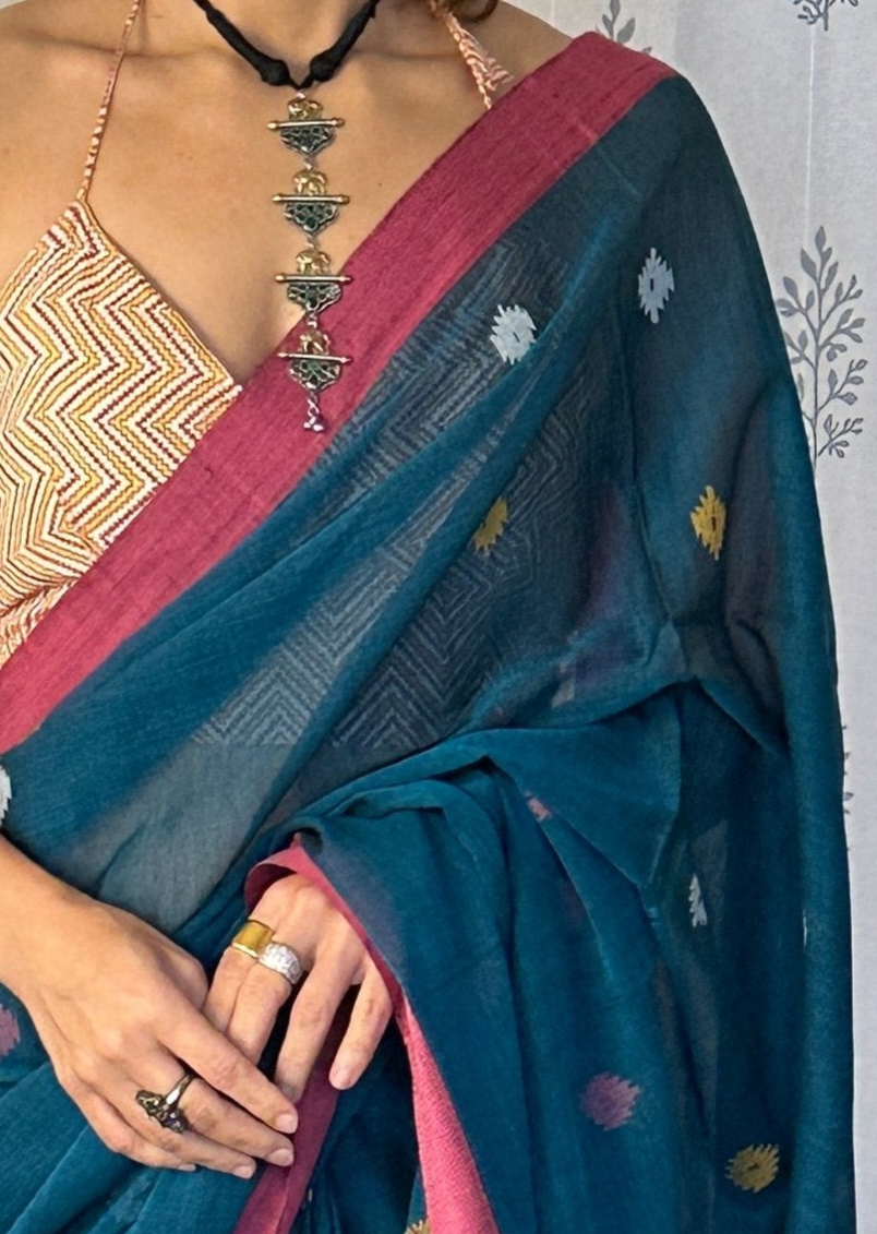 Blue Hand Spun Cotton Jamdani Sari with Intricate Needle Work & Border