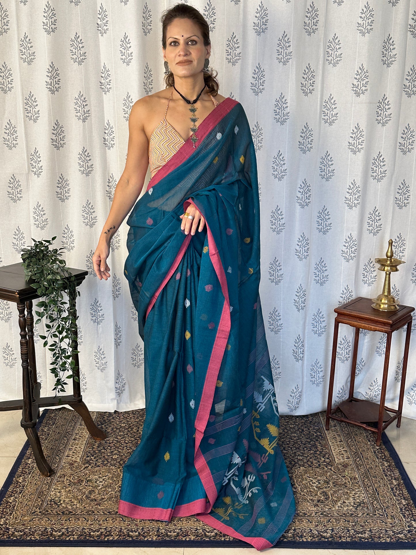 Blue Hand Spun Cotton Jamdani Sari with Intricate Needle Work & Border