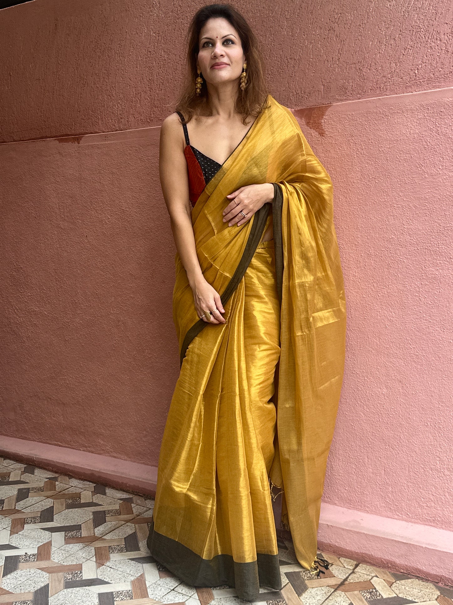 Gold Pure Mul Mul Handwoven Tissue Cotton Saree with Thick Black Border