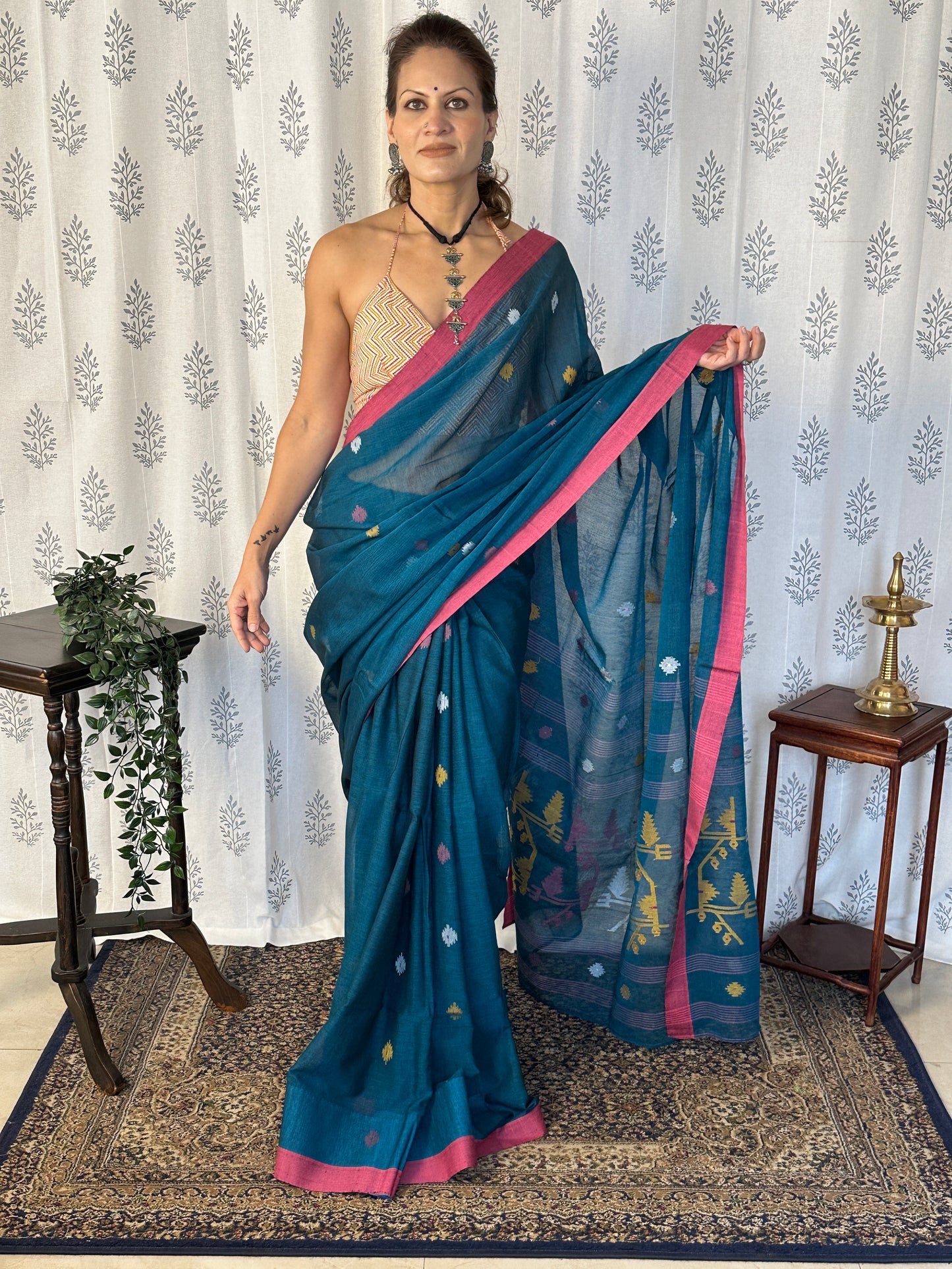 Blue Hand Spun Cotton Jamdani Sari with Intricate Needle Work & Border