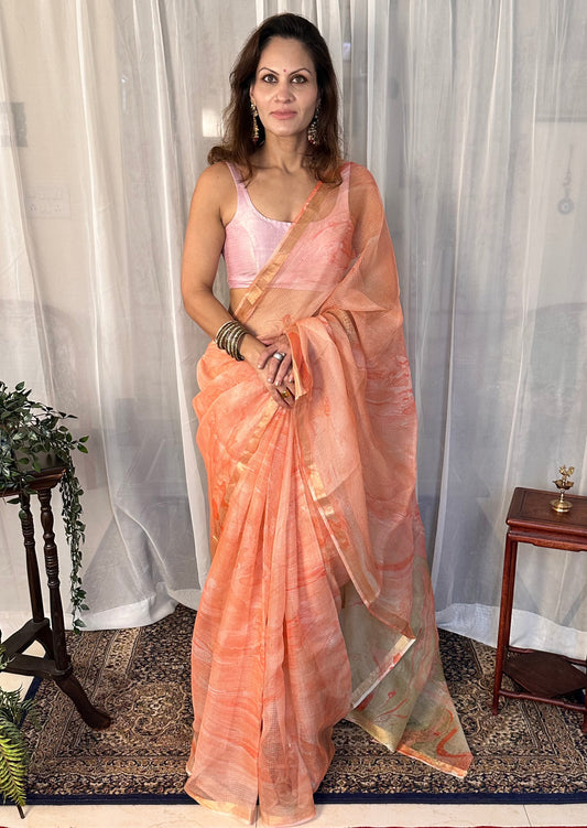 Peach Kota Silk Marble Hand Print Sari