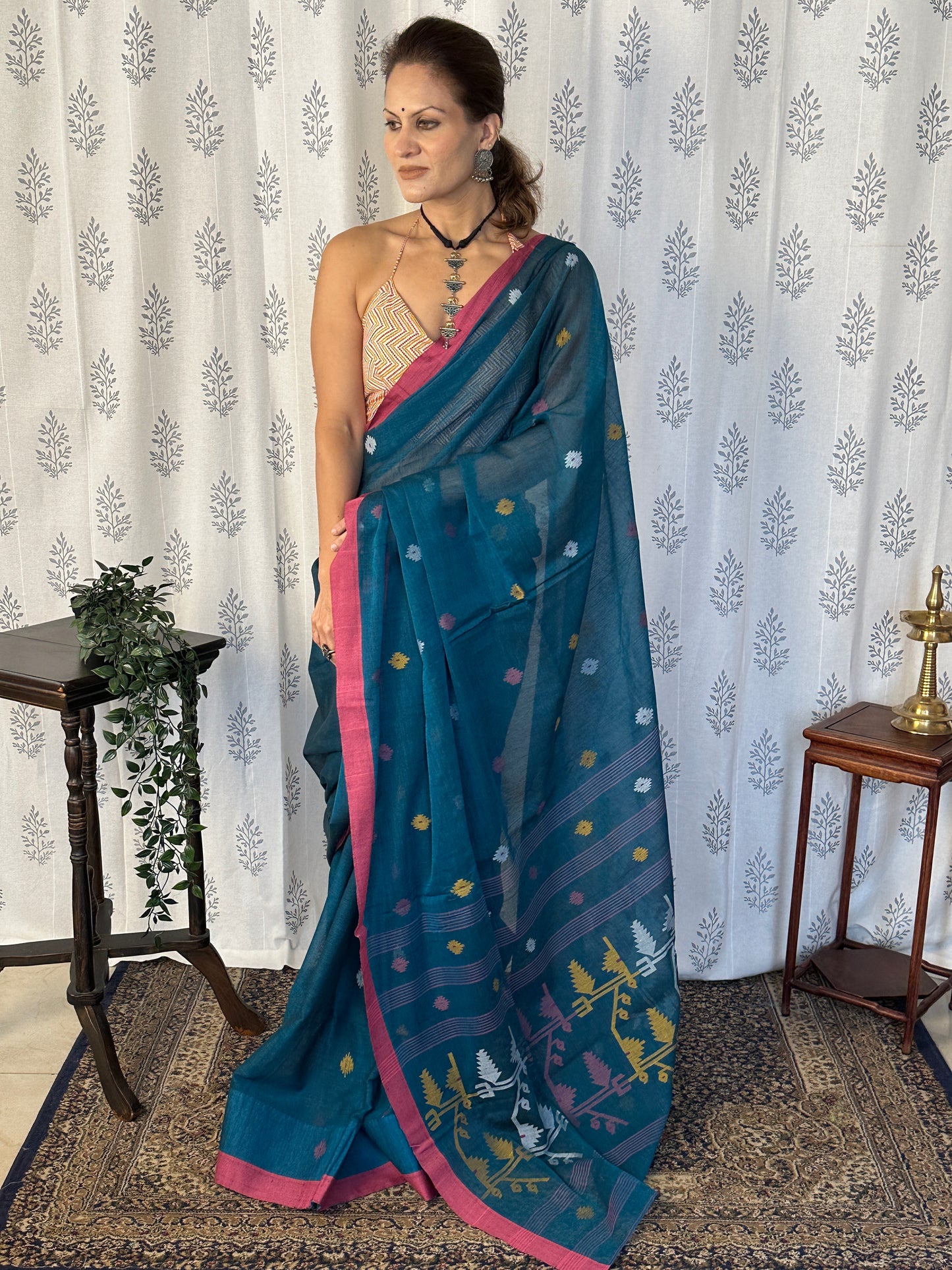 Blue Hand Spun Cotton Jamdani Sari with Intricate Needle Work & Border