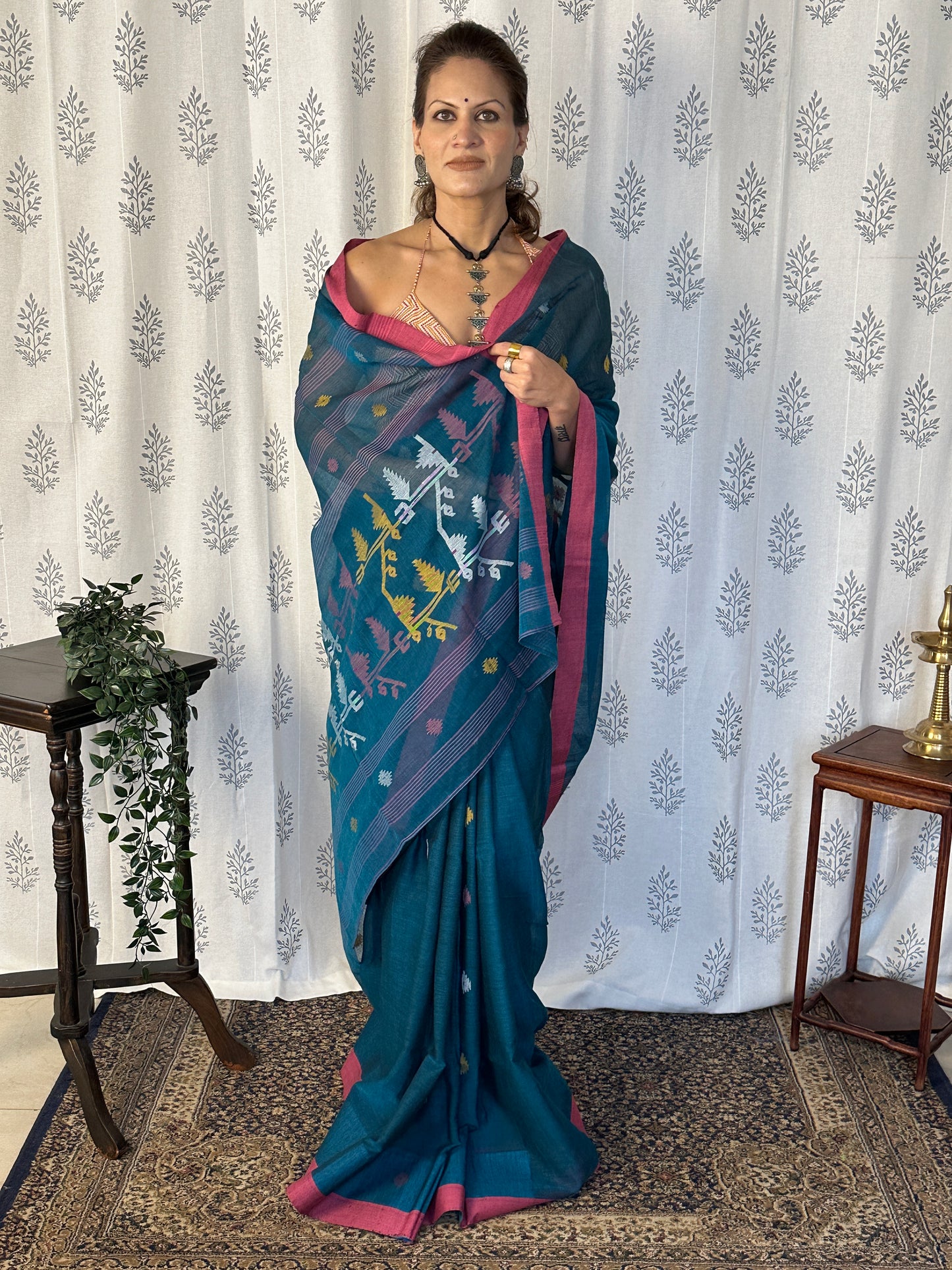 Blue Hand Spun Cotton Jamdani Sari with Intricate Needle Work & Border