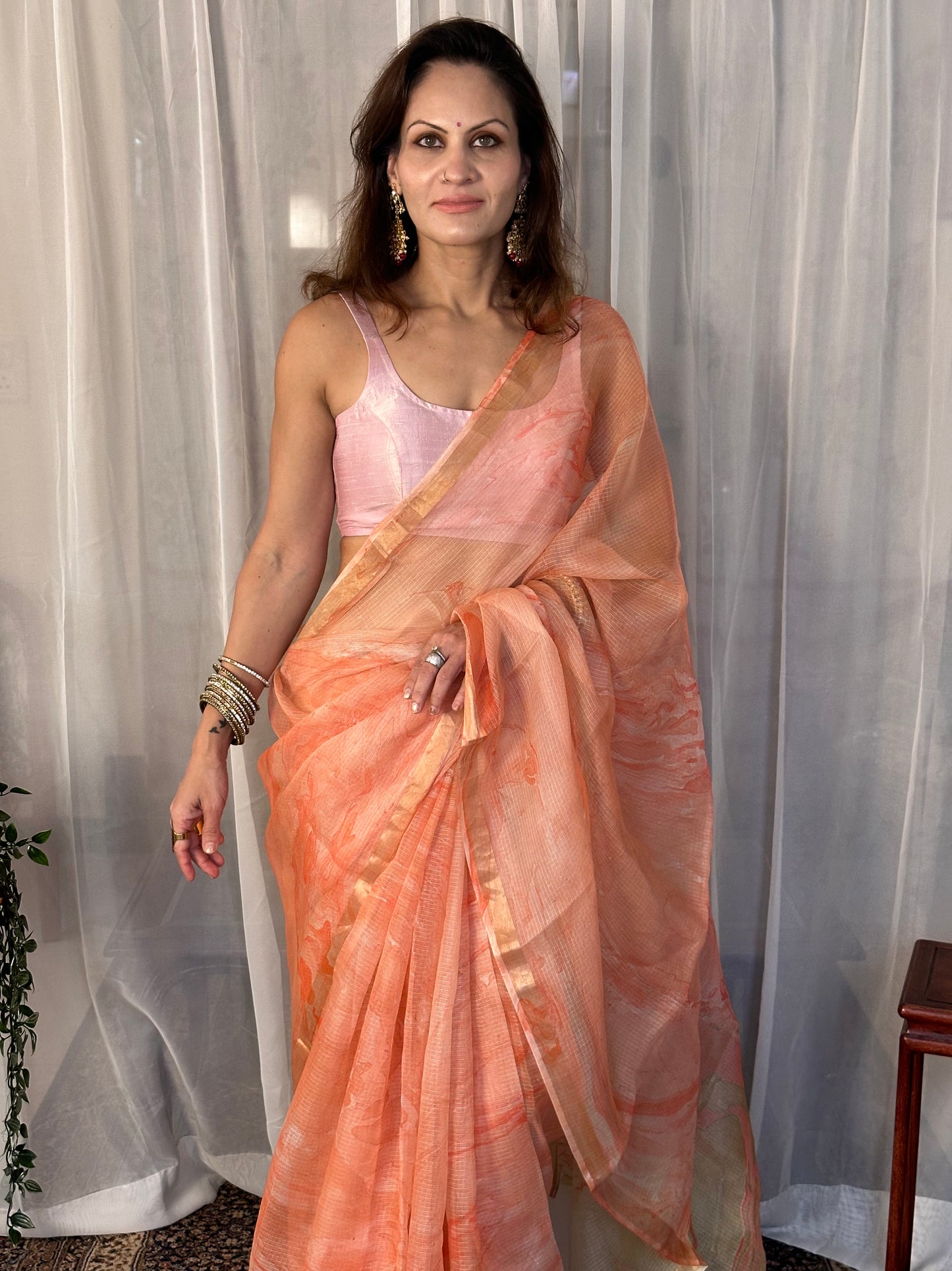 Peach Kota Silk Marble Hand Print Sari