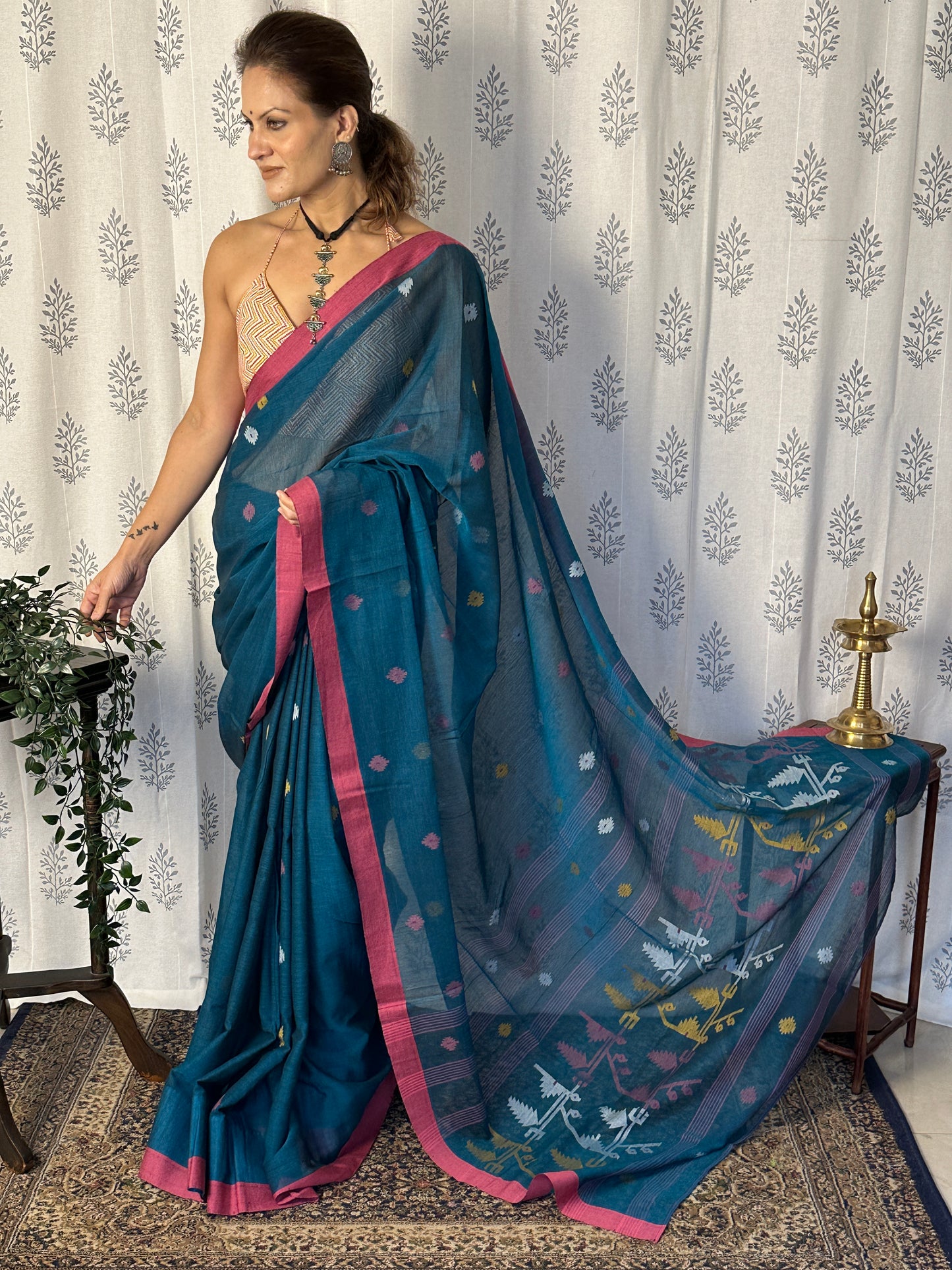 Blue Hand Spun Cotton Jamdani Sari with Intricate Needle Work & Border