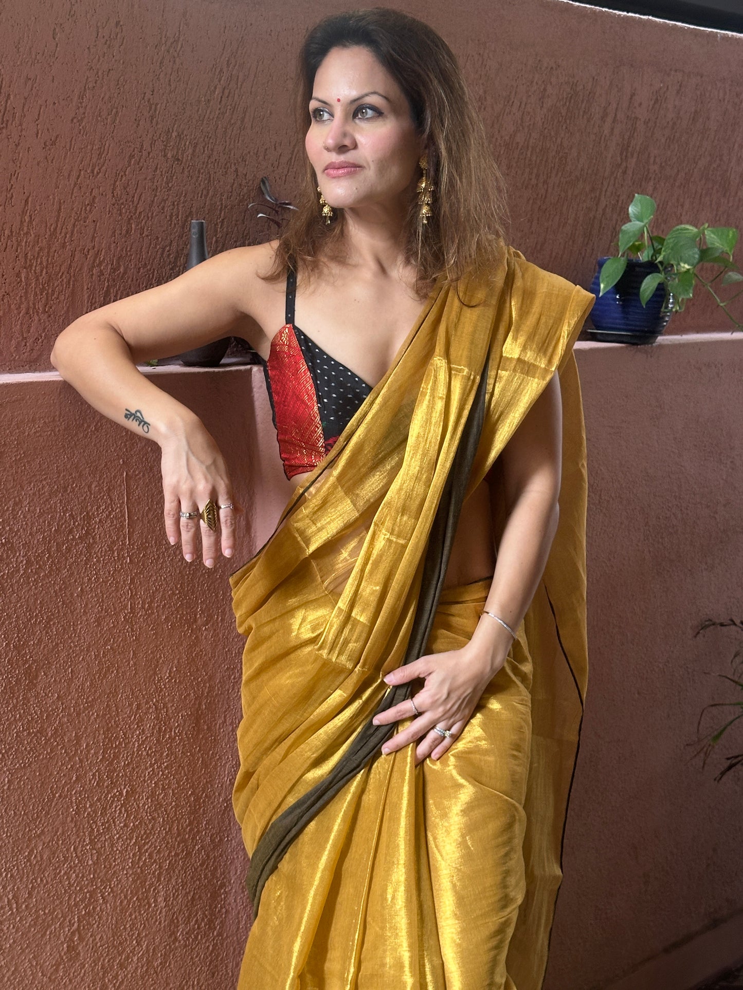 Gold Pure Mul Mul Handwoven Tissue Cotton Saree with Thick Black Border