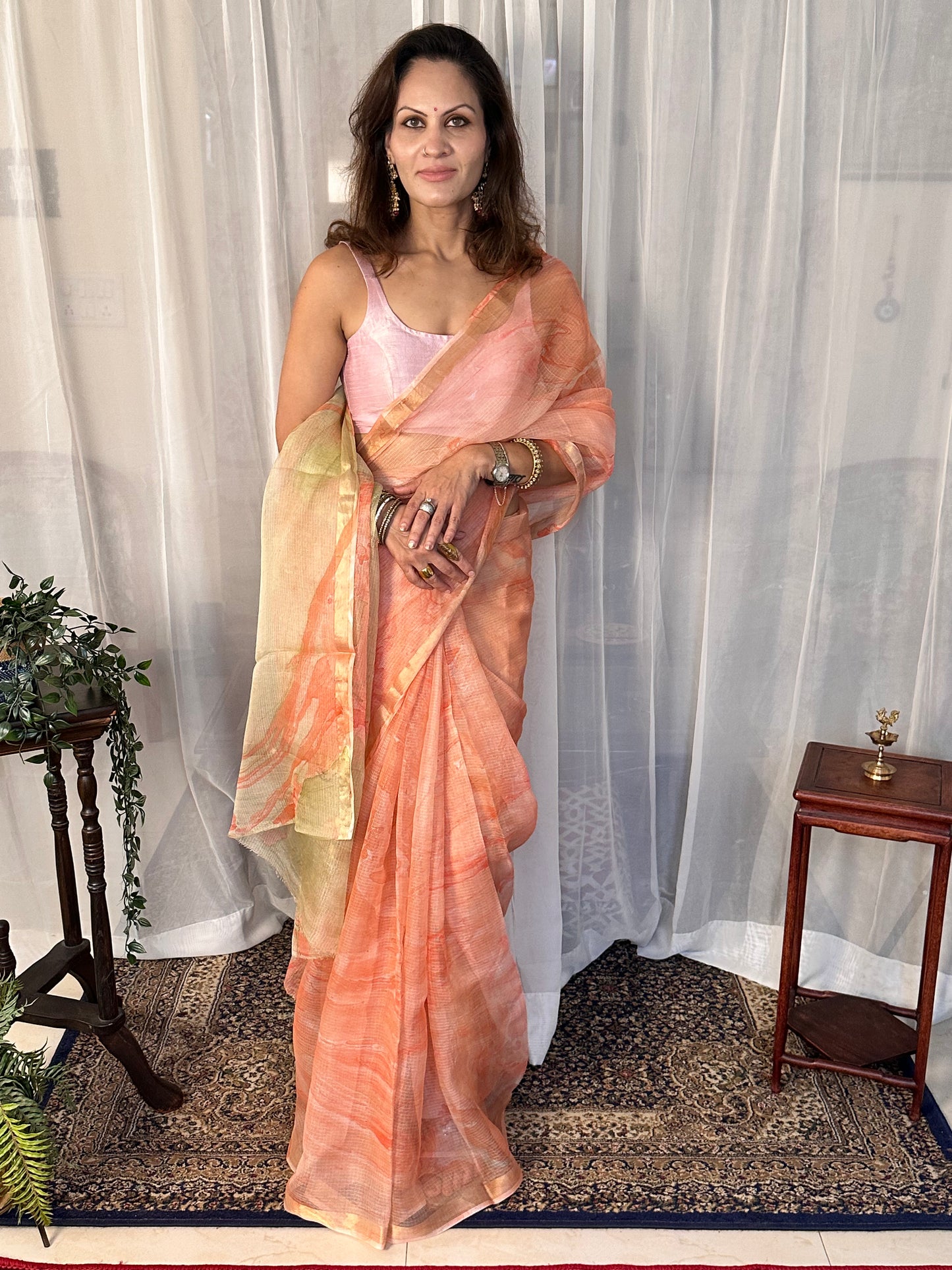 Peach Kota Silk Marble Hand Print Sari