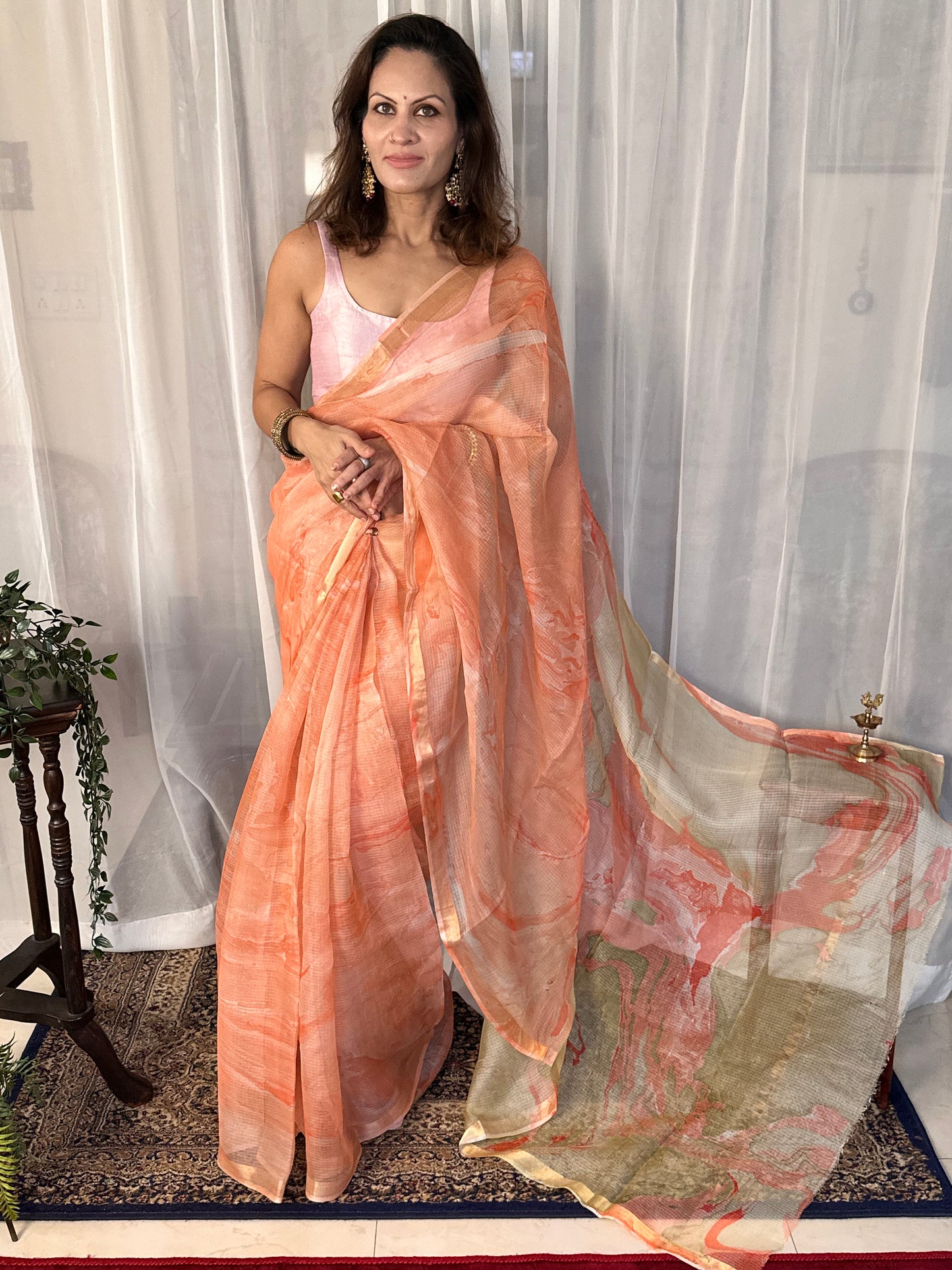 Peach Kota Silk Marble Hand Print Sari