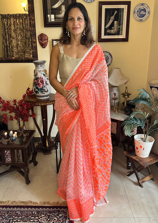 Orange Cotton Silk Jamdani Sari - Raahini