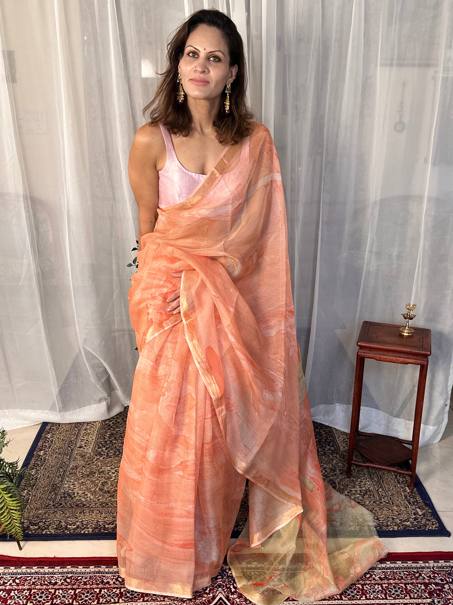 Peach Kota Silk Marble Hand Print Sari