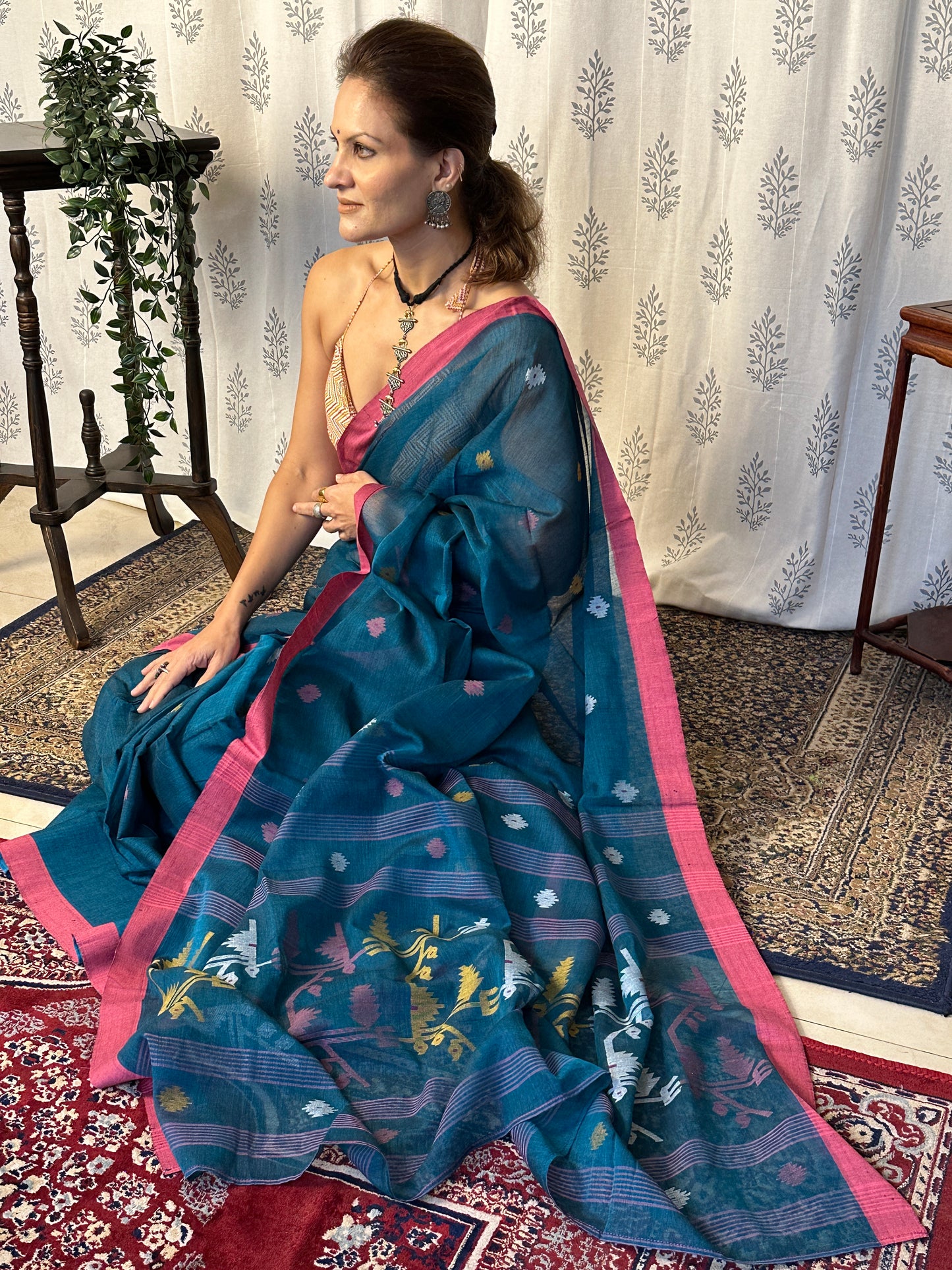 Blue Hand Spun Cotton Jamdani Sari with Intricate Needle Work & Border