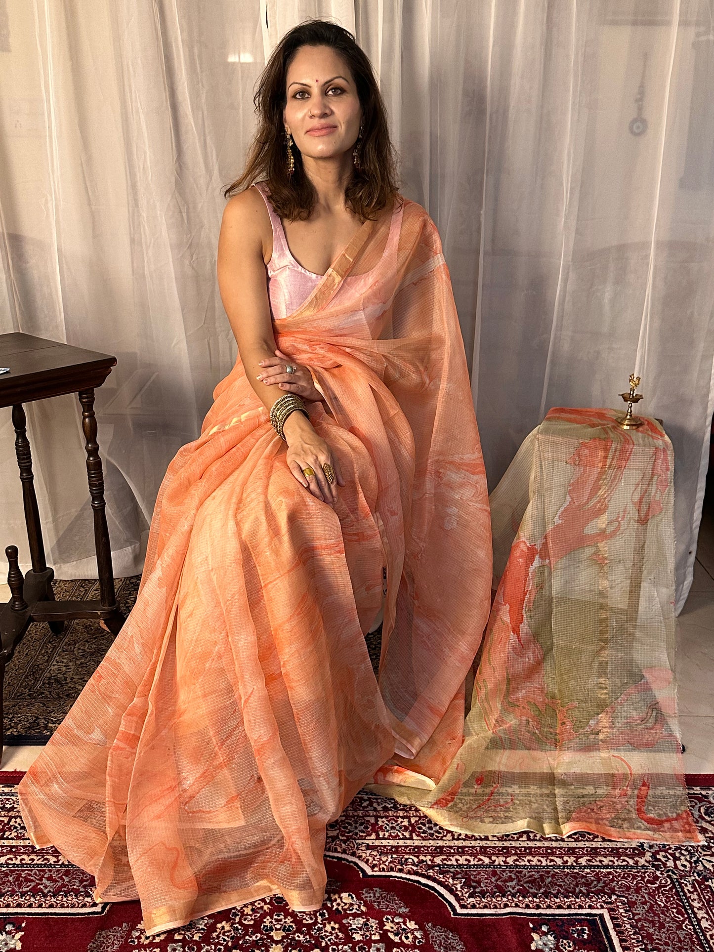 Peach Kota Silk Marble Hand Print Sari