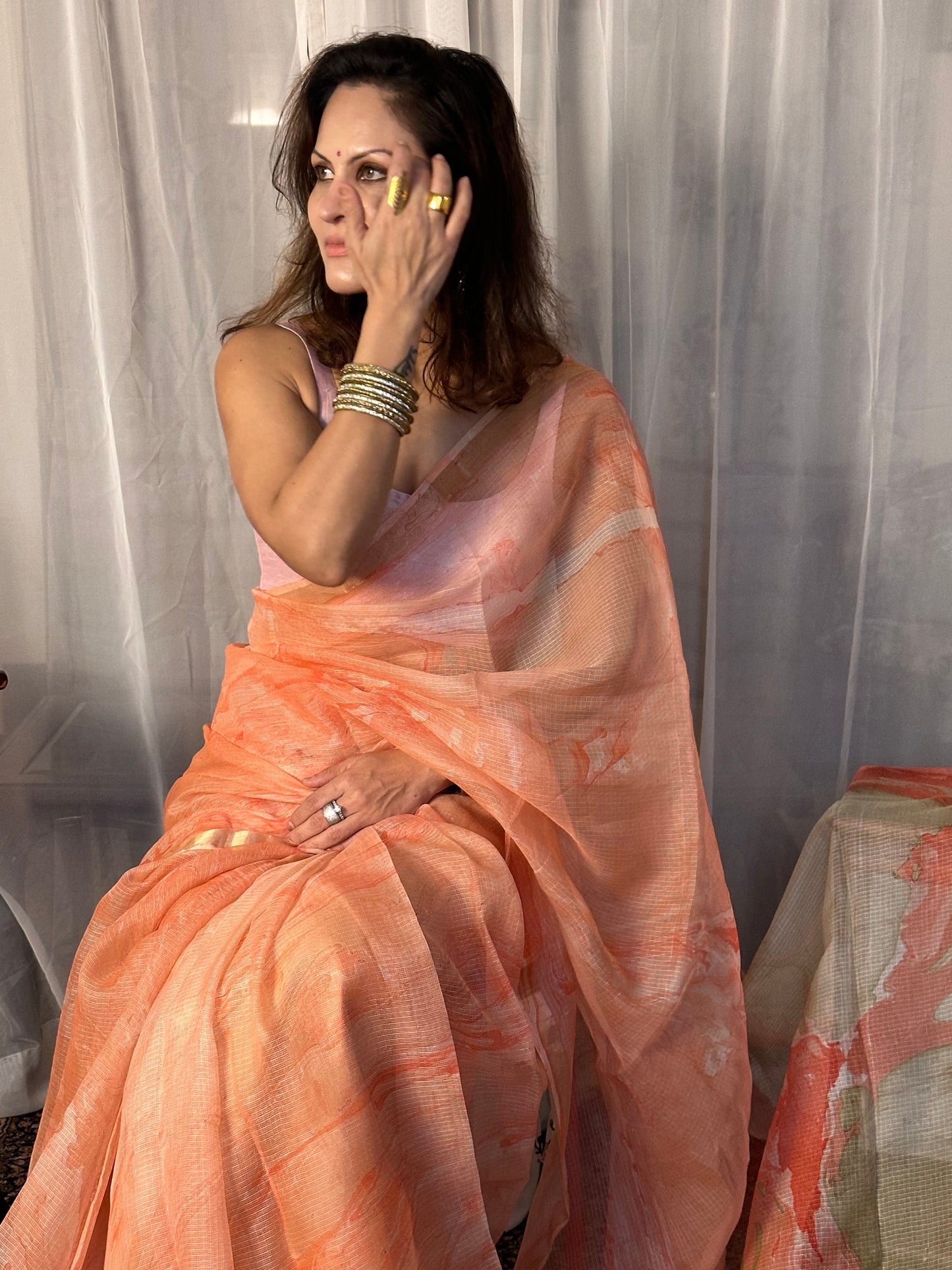 Peach Kota Silk Marble Hand Print Sari