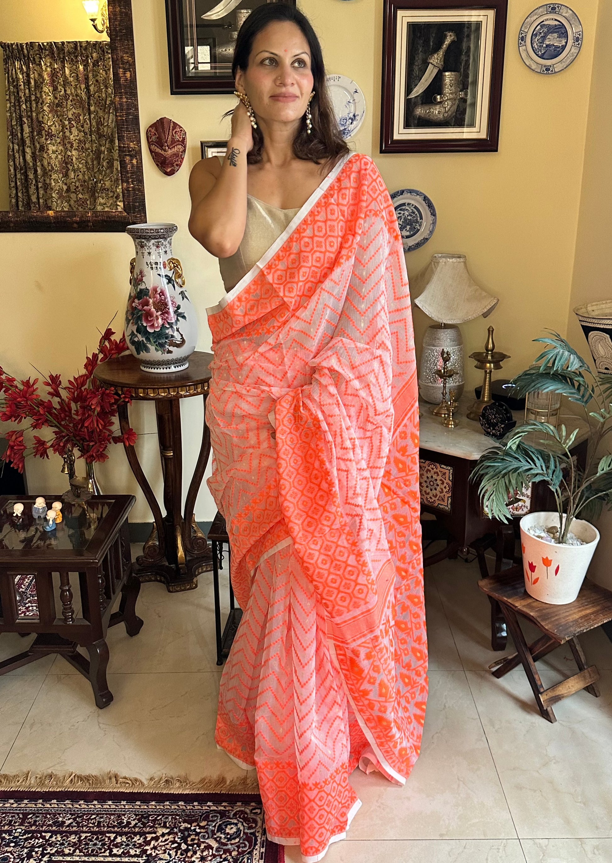 Orange Cotton Silk Jamdani Sari - Raahini