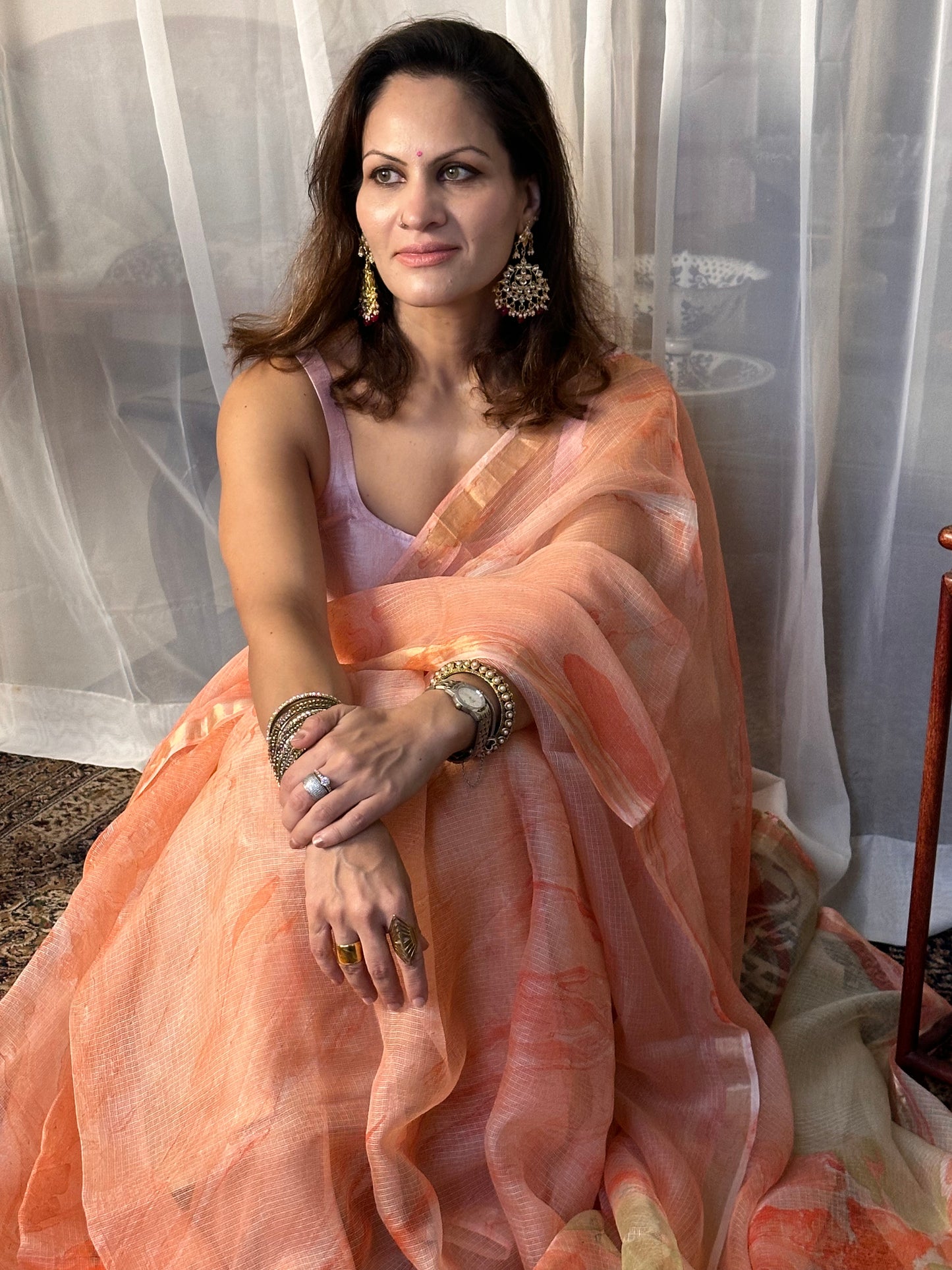 Peach Kota Silk Marble Hand Print Sari