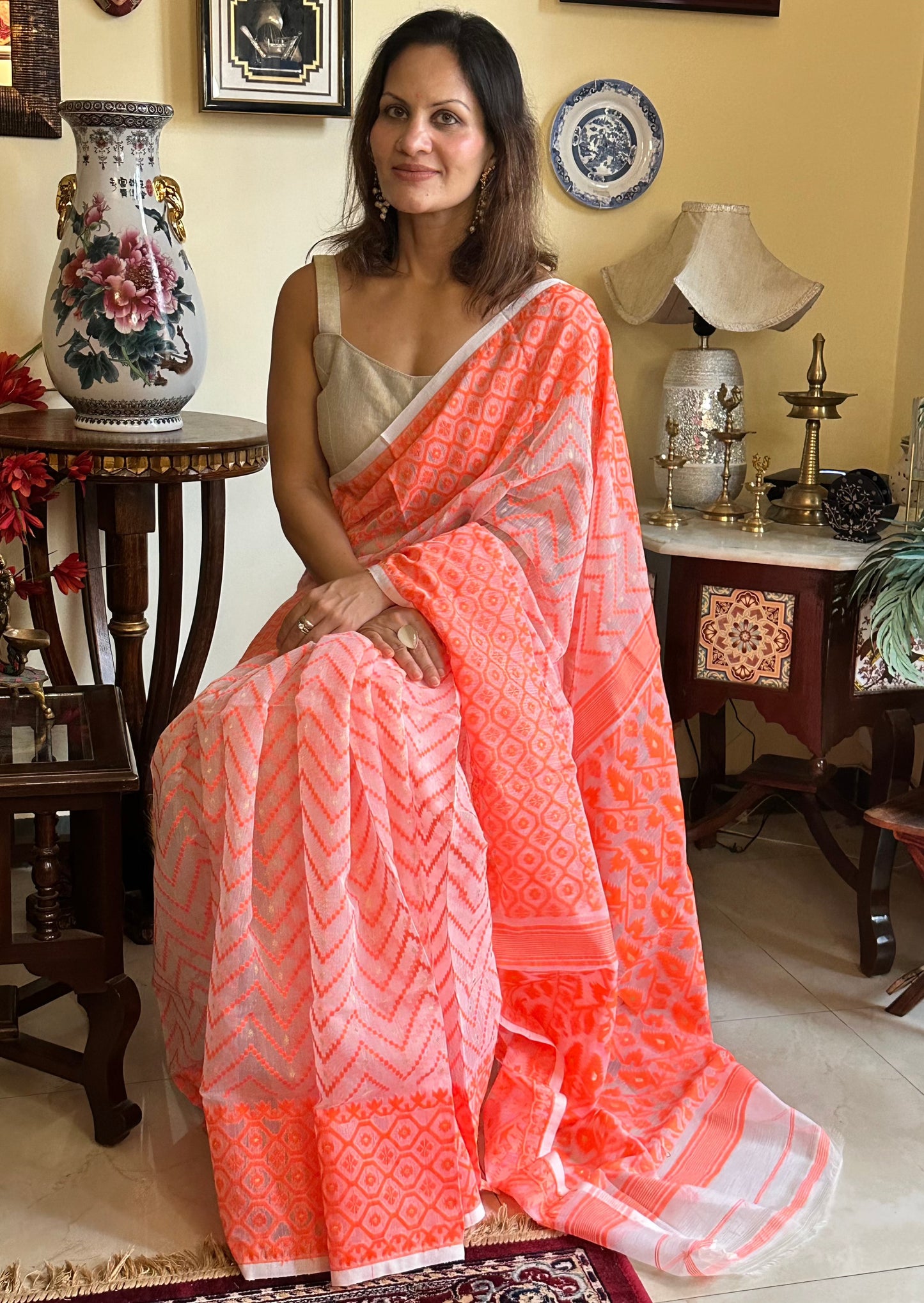 Orange Cotton Silk Jamdani Sari - Raahini