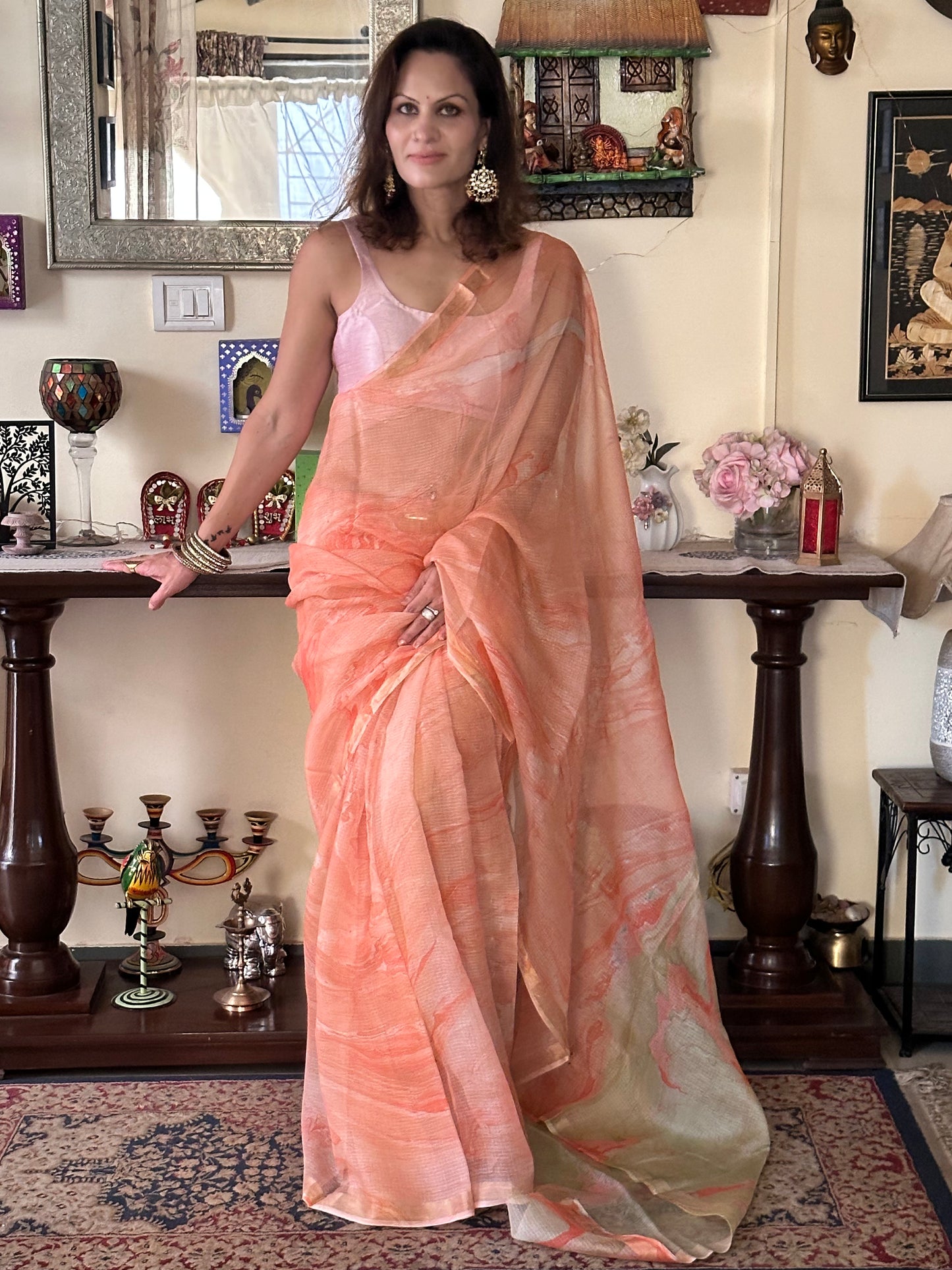 Peach Kota Silk Marble Hand Print Sari