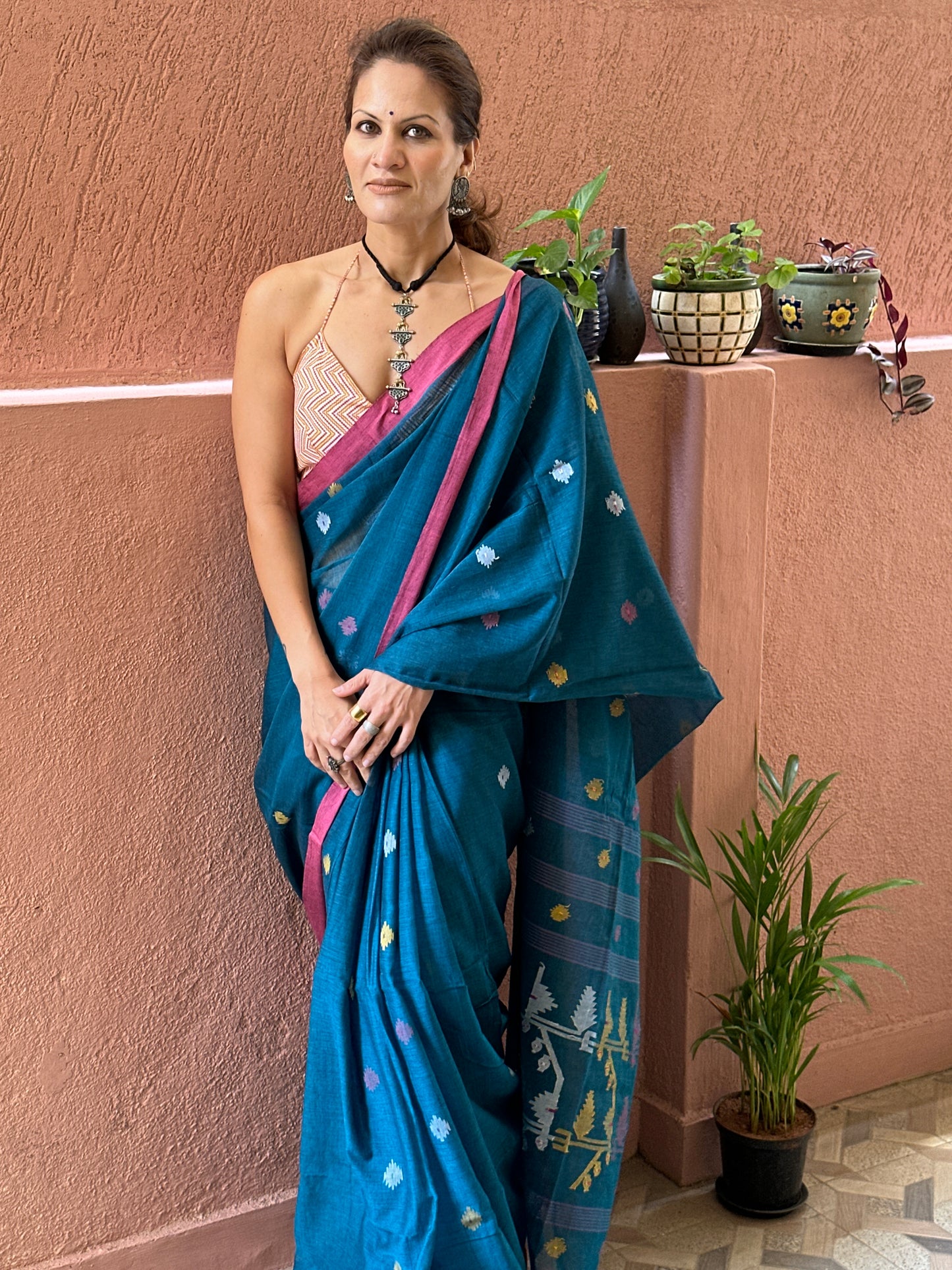 Blue Hand Spun Cotton Jamdani Sari with Intricate Needle Work & Border