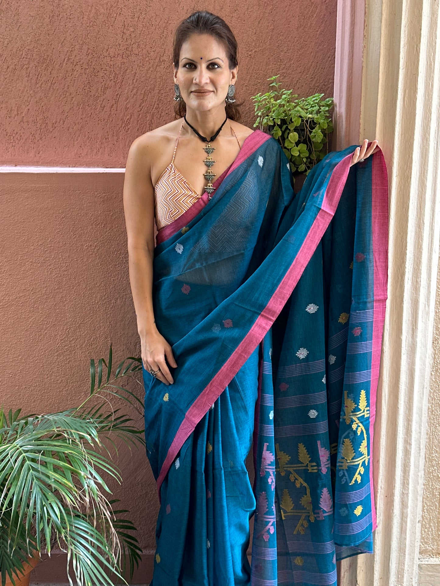 Blue Hand Spun Cotton Jamdani Sari with Intricate Needle Work & Border