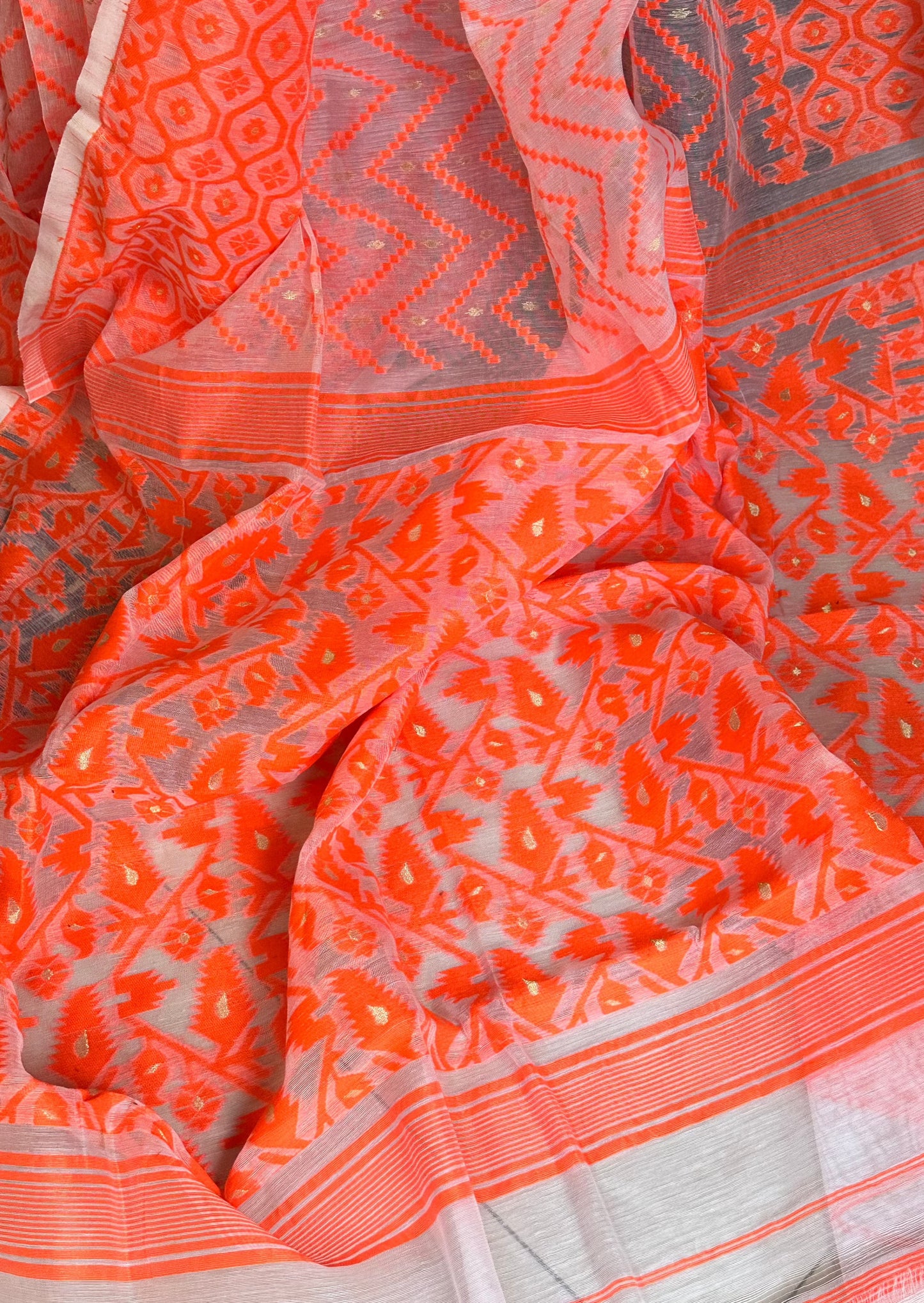 Orange Cotton Silk Jamdani Sari - Raahini